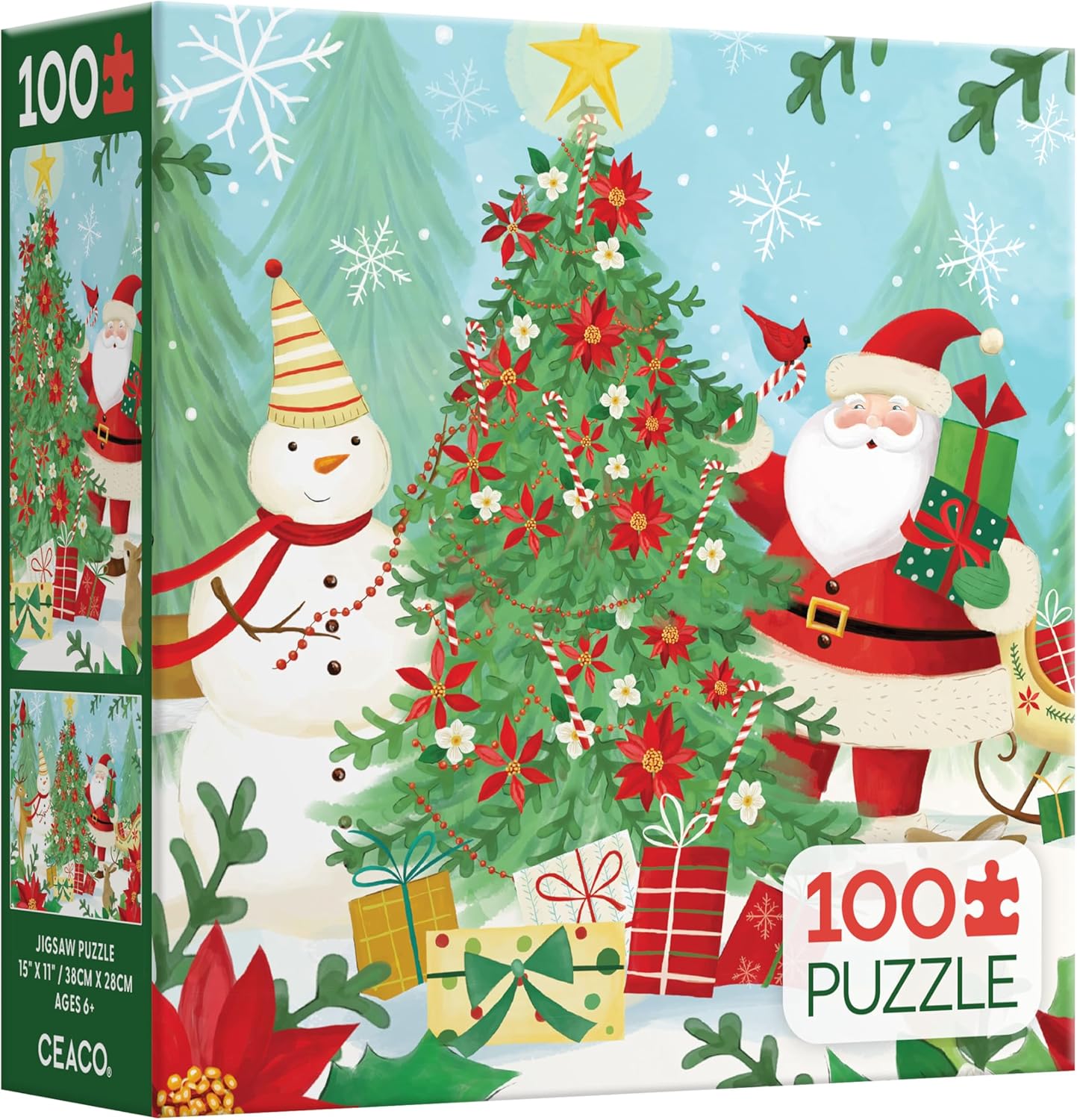 Ceaco - Tracy Flickinger - Santa Decorates The Tree - 100 Piece Christmas Jigsaw Puzzle - Colorful, Holiday Puzzles for Kids and Families – Precision-Cut Pieces, Festive Artwork, Winter Fun