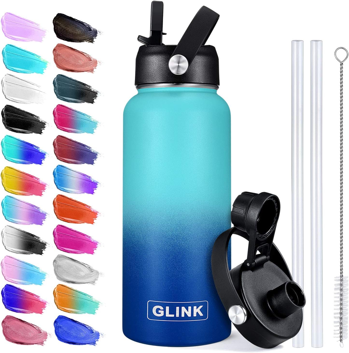 Glink Stainless Steel Water Bottle with Straw, 12-64 oz Wide Mouth Double Wall Vacuum Insulated Water Bottle Leakproof, Straw Lid and Spout Lid with New Rotating Rubber Handle