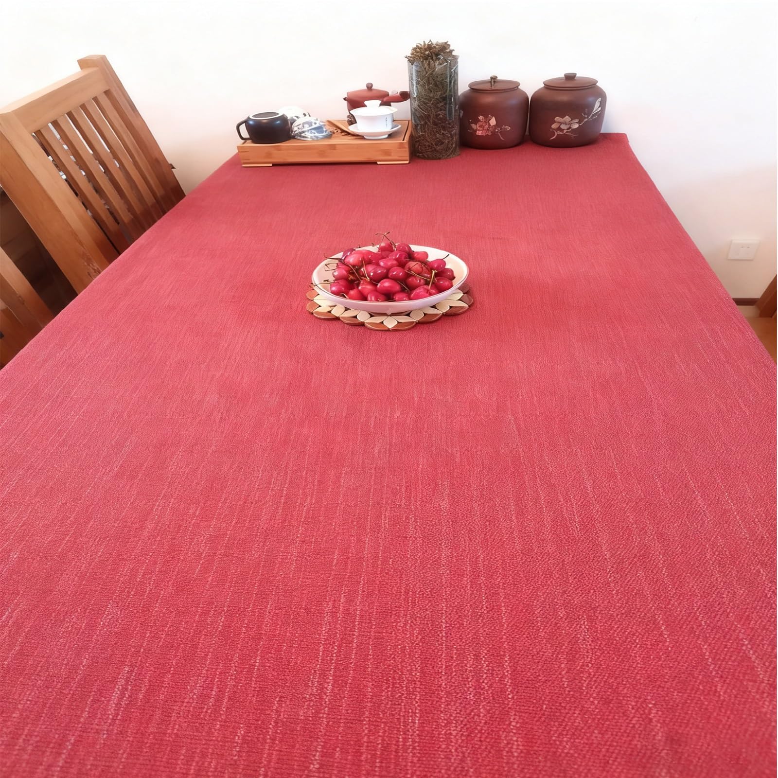 Nappe en Coton Et Lin Rouge, Nappe Rectangulaire De Style Rustique, Tissu ImperméAble Et RéSistant à l'abrasion, Lavable en Machine(150x240cm)