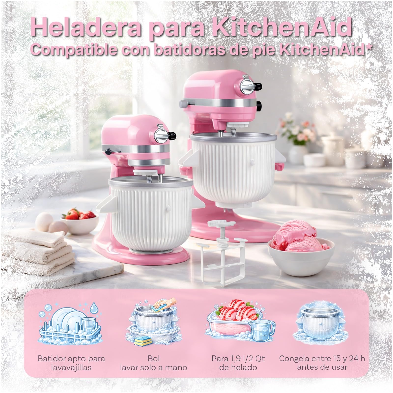 Accesorio para Máquina de Helados para KitchenAid Batidora – Compatible con Modelos 4.5QT, 5QT y 6QT Tilt-Head y Bowl-Lift – Cuenco de 1.9L para Helado, Sorbete, Gelato y Yogurt Congelado