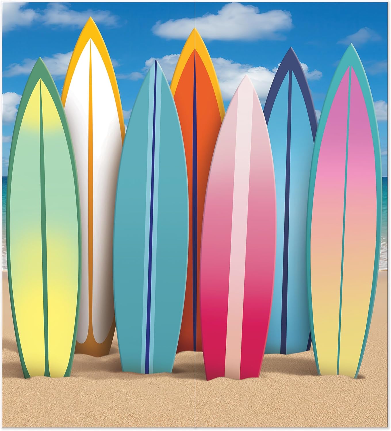 Beistle Surfboard Photo Prop – Freestanding Beach Scene Decoration, Cardboard Surfer Display with Attached Easel for Tropical & Summer Events, Photo Booth Backdrops & Hawaiian Luau Parties, 7' x 6'