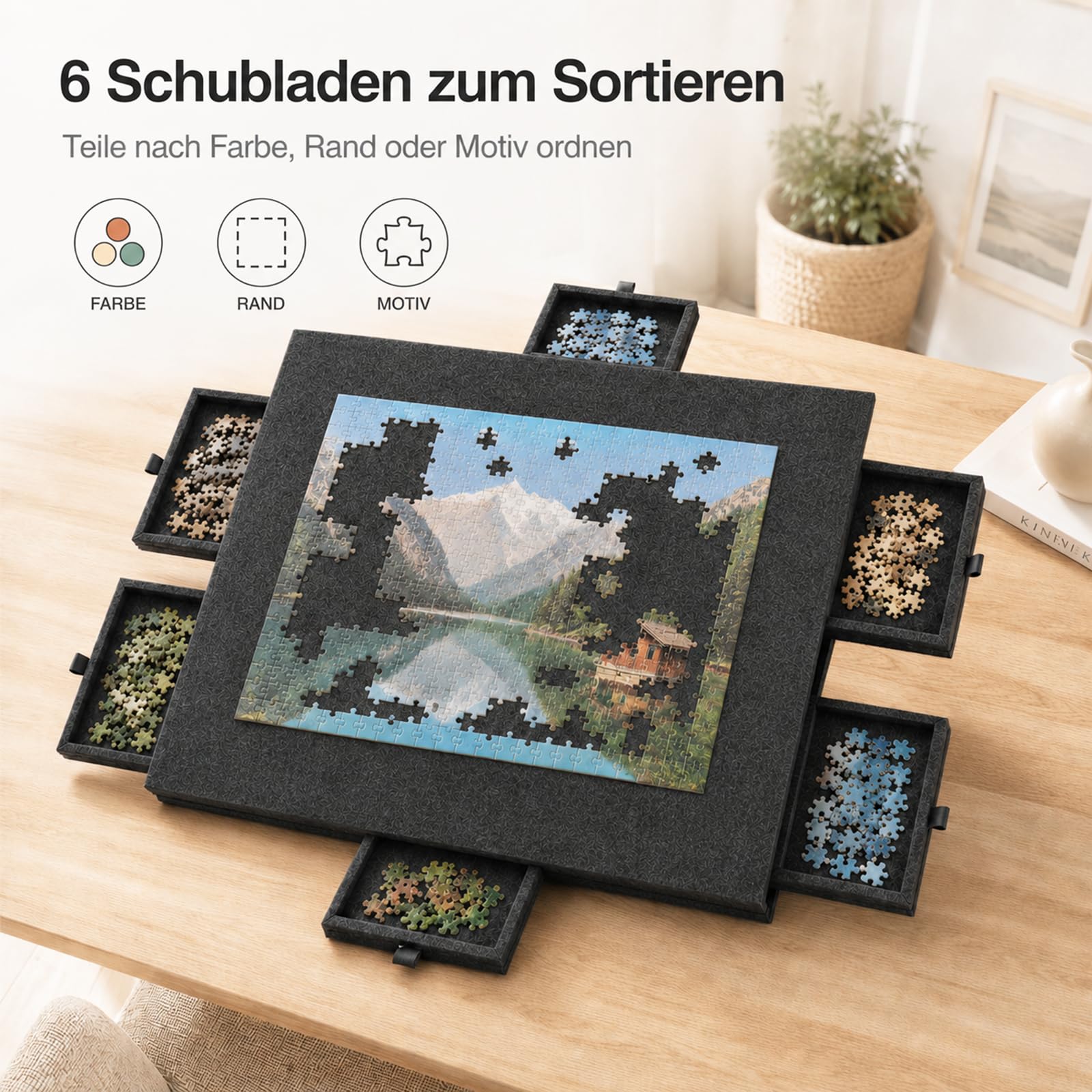Filz Puzzlebrett Mit 6 Schubladen mit 2-in-1-Ständer und Abdeckung, Faltbarer Puzzletisch für Erwachsene, Tragbare Puzzlebrett für Puzzle bis 1000(Modell mit Schubladen Schwarz)