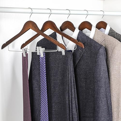Miniatura 6 de TOPIA HANGER Perchas de madera con clips de metal ajustables paquete de 10 perchas de madera maciza gancho giratorio de 360 perchas de pantalones de