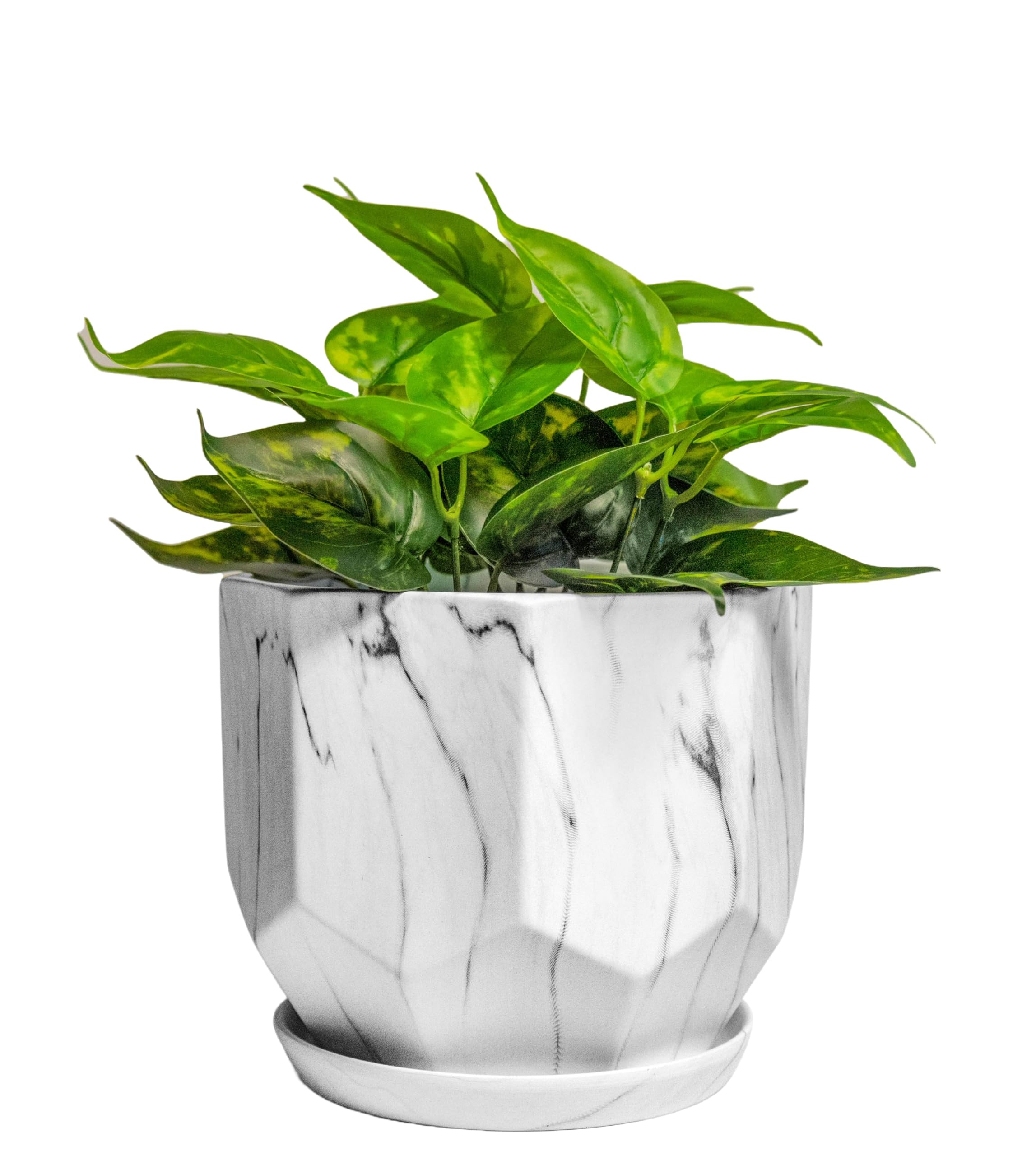 FINESTIC Large 7 Inch Marble White Plant Pots Planters with Saucer Tray, Mesh Pad, Drainage Hole and Stopper, Hand Glazed Flower Pot, Garden Indoor Outdoor Planter, Modern Home Decor (Ceramic, White)