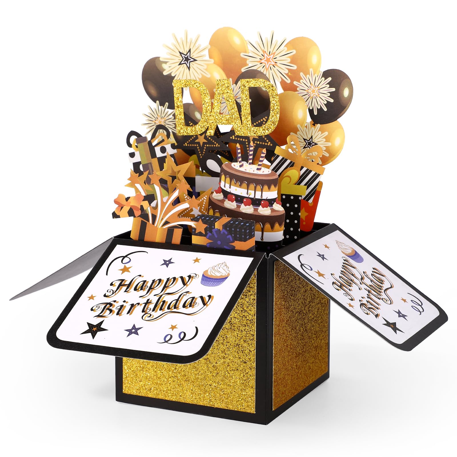 Happy Birthday Pop Up Card for Dad, 3D Birthday Gift Box with Envelopes Colorful Balloon Fireworks Creative Gifts Ideas from Son Daughter for Male Dad