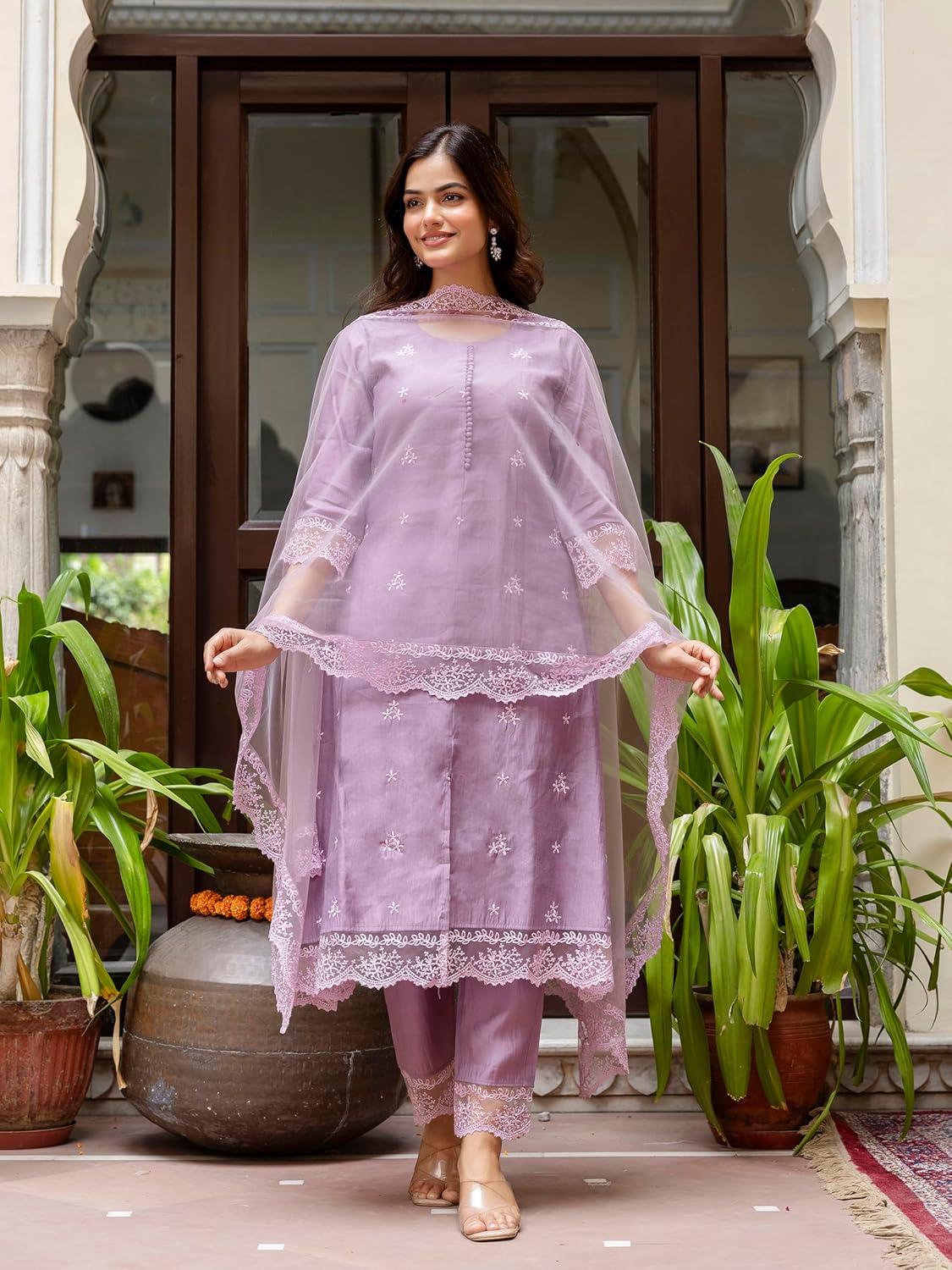 TRENDMALLS Women's Art Silk Embroidery A line Kurta Pant with Dupatta Salwar Suit Set (G278-Purple-XL)