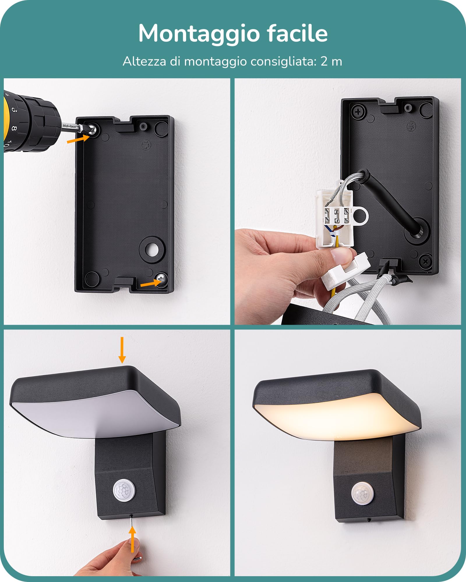 EDISHINE Applique da Parete per Esterni con Sensore di Movimento, 18W | Rotazione a 350°, Sensore Crepuscolare, LED 3000 K, IP65, Alimentazione di Rete per Giardino, Terrazza e Garage