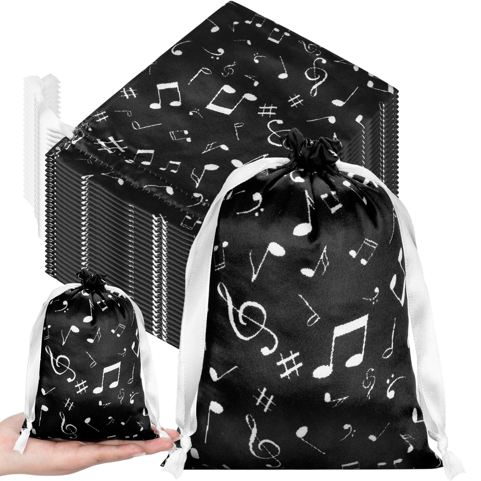 Wesnoy 24 Pcs Music Notes Gift Bags Musical Note Drawstring Treat Bag Music Decorations Party Favor for Musician Gifts Social Media Musical Party Supplies(5 x 7,White on the Black)
