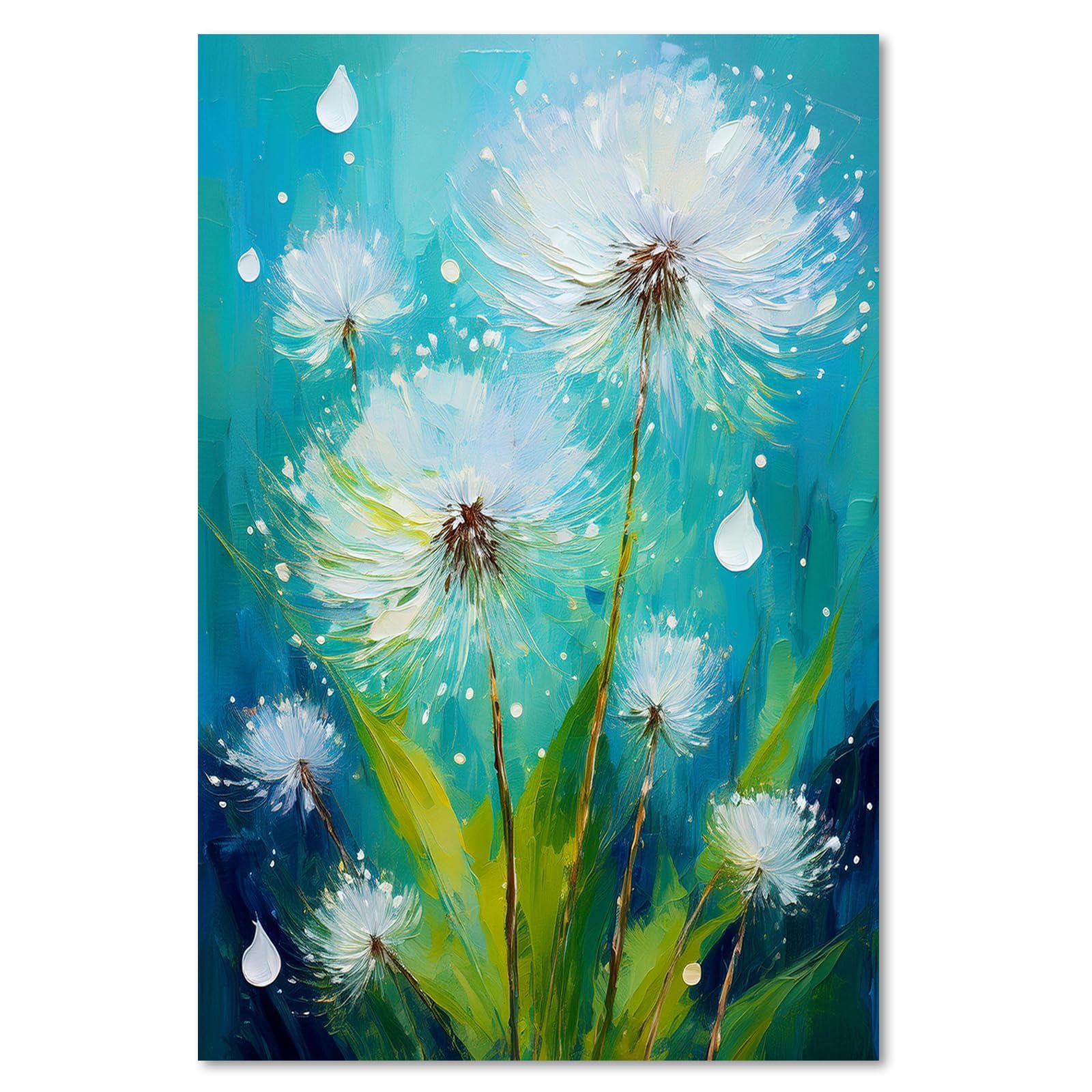Lienzo abstracto de diente de león para decorar tu salón con tonos azules y verdes 8