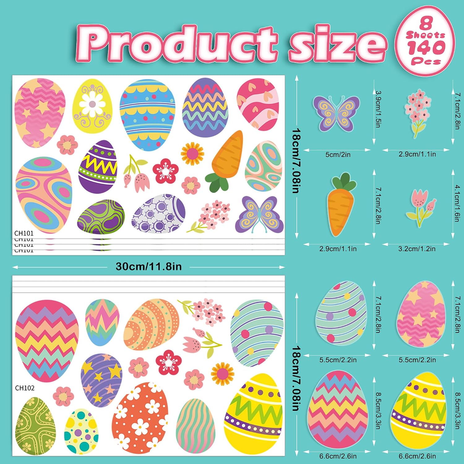 Easter Window Clings for Glass Window - 8 Sheets 140 Pcs Easter Eggs Flowers Window Stickers Decals Decorations Spring Party Supplies Gifts for Kids Home Office Shop School Classroom image 5