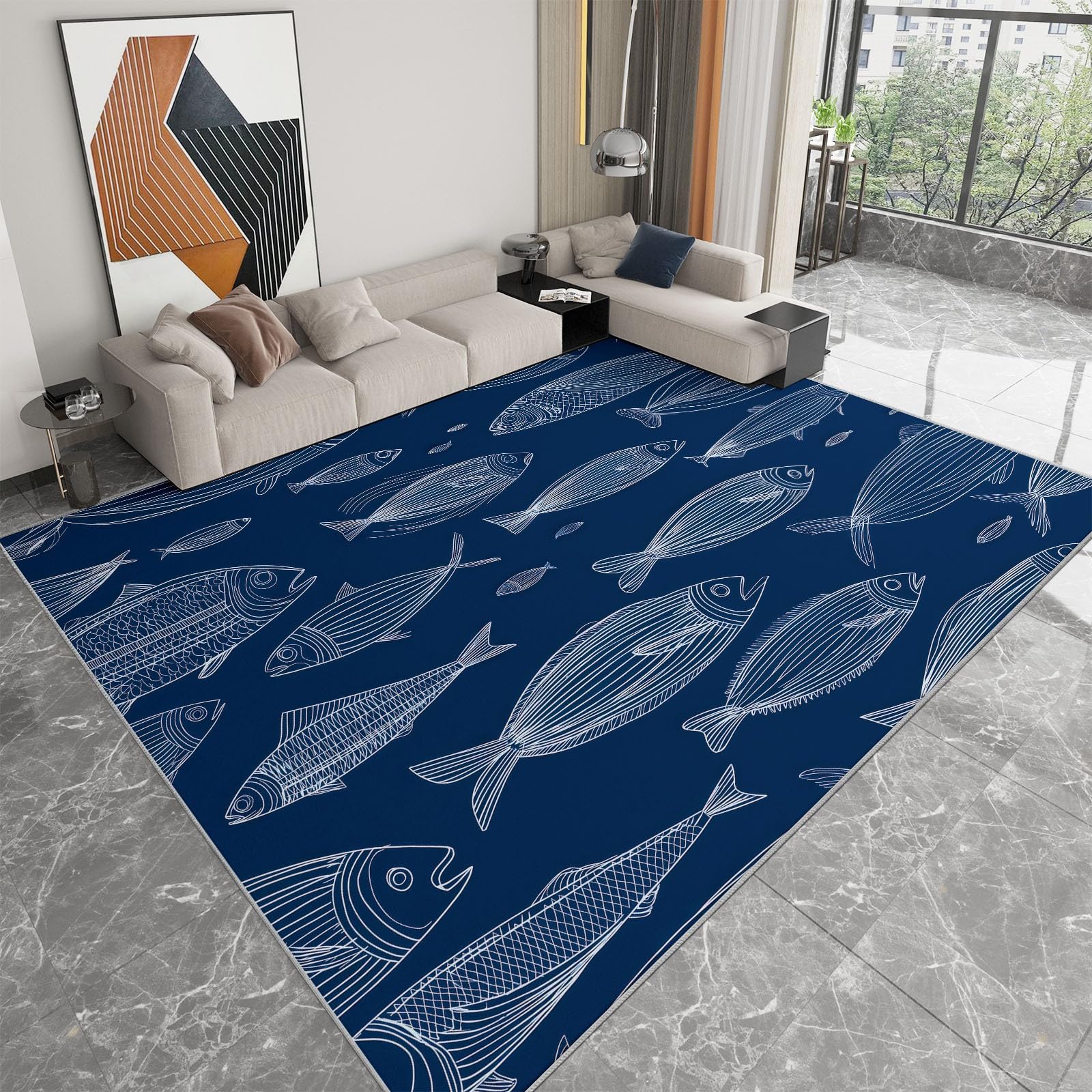 Tapis de salon lavable 60x90 bleu foncé motif poisson