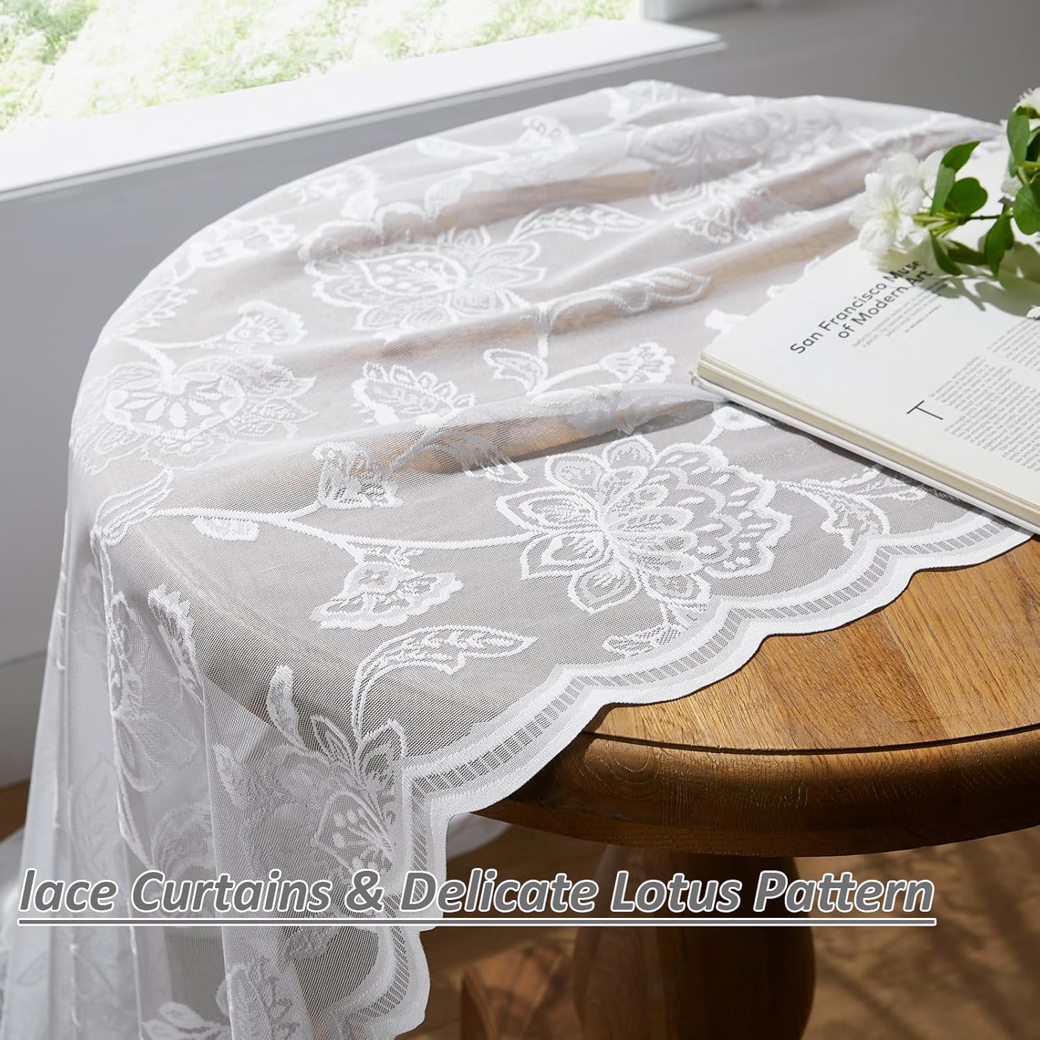 White Lace Curtains 84 Inches Long Victorian Floral Sheer Curtains for Living Room Bedroom Rod Pocket Light Filtering Western Lotus Flower Leaf Lace Curtain for Dining Room French Window Decor, 52x84