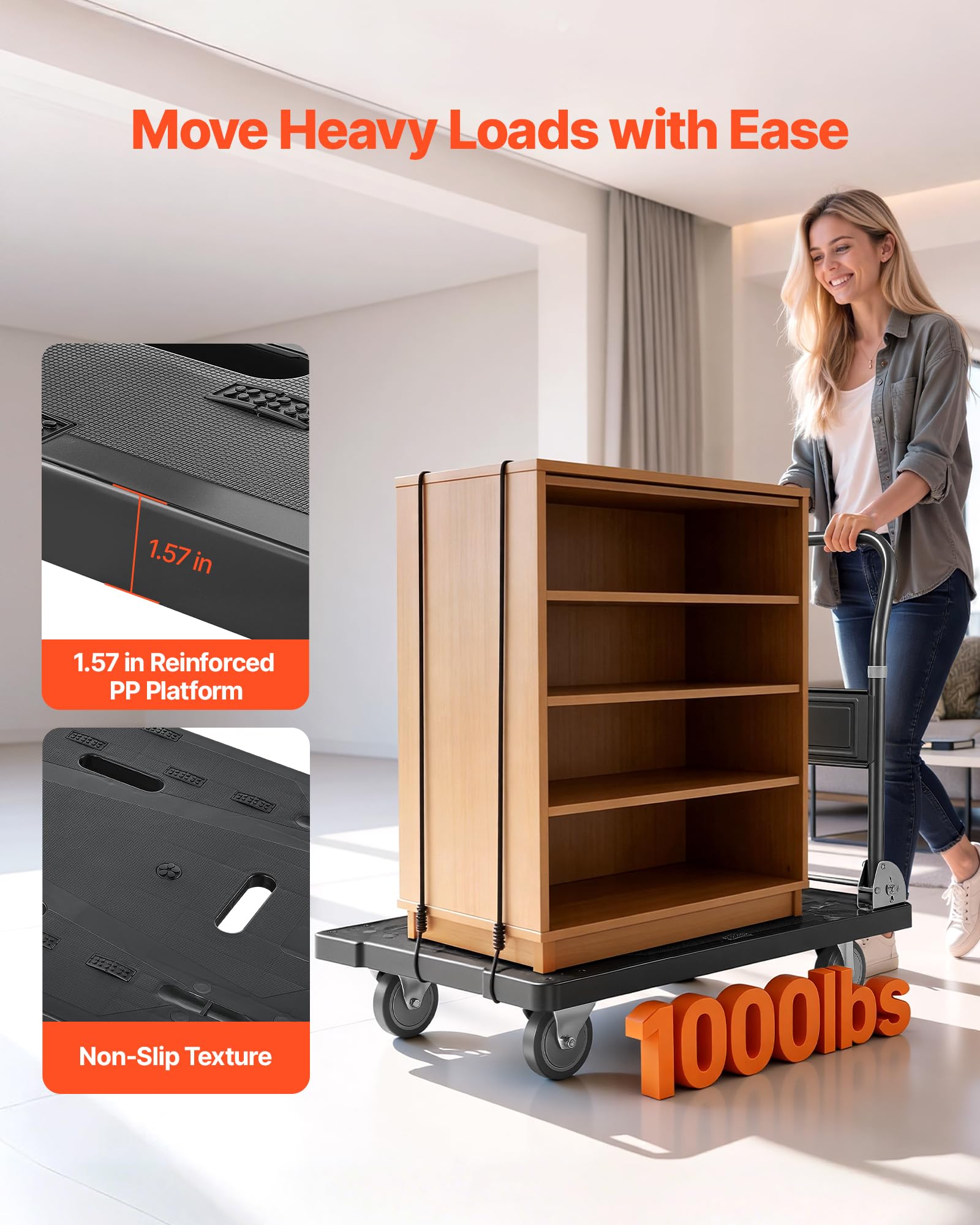 VEVOR Carrello Pieghevole da Trasporto Capacità Carico max. 453,59kg, Carrello con Piattaforma Pieghevole Salvaspazio Dimensioni Piegate 895x595x290 mm Maniglia di Spinta per Traslochi Pacchi Merci