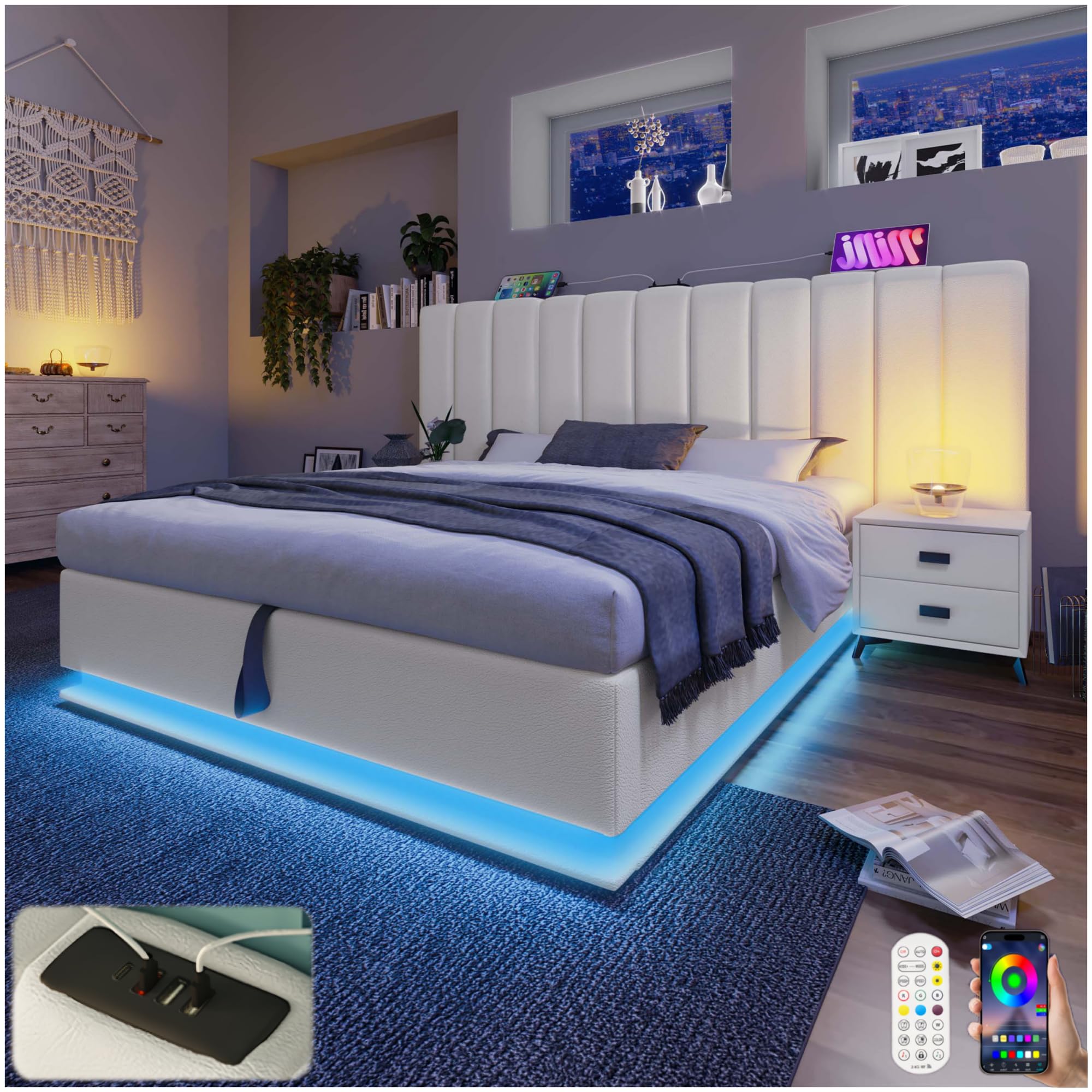 Lubvtti Cama de Matrimonio Con Control de Aplicación LED y Función de Carga USB-C, Almacenamiento de 180 x 200 cm, Estructura Con Cabecero de Gran Tamaño y Somier
