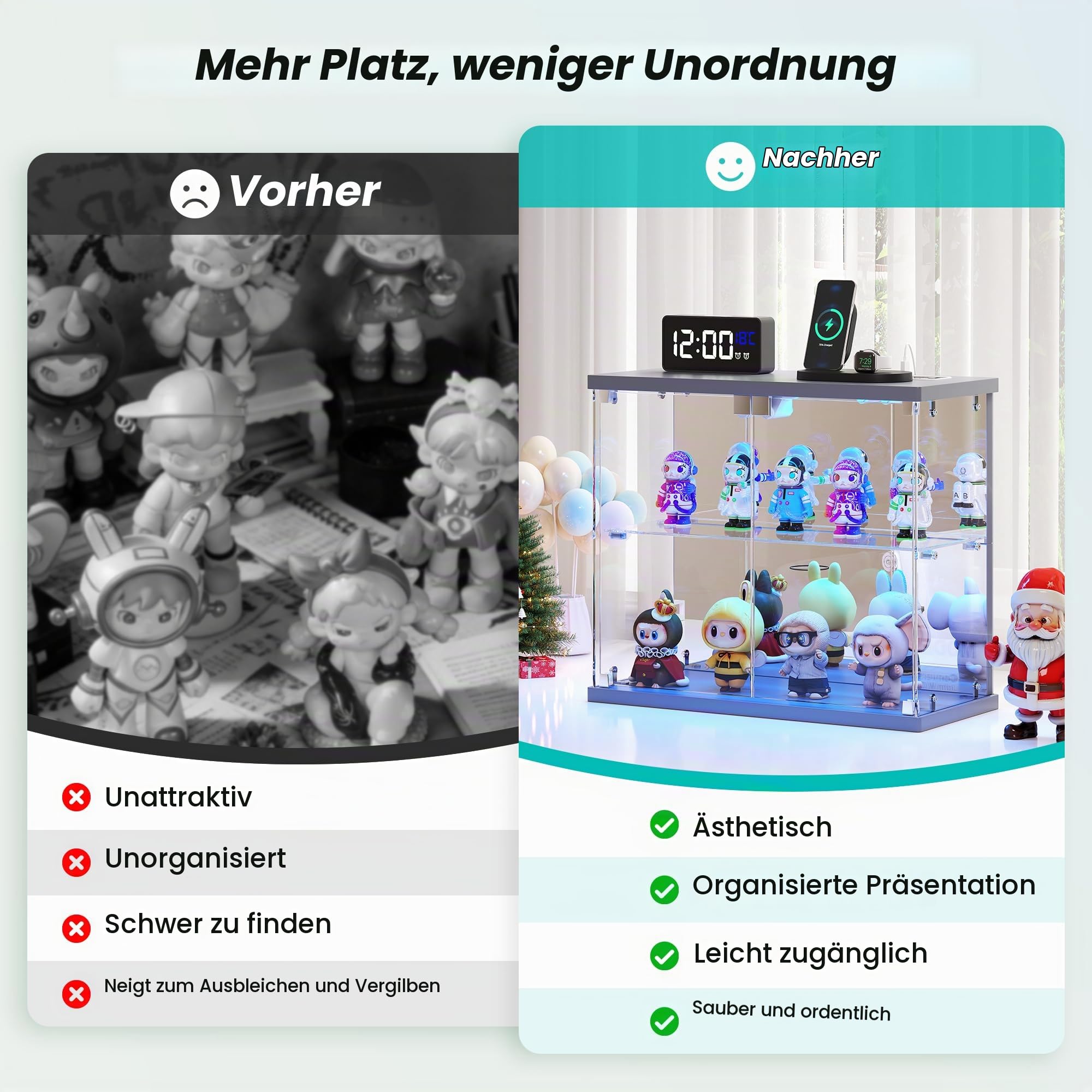FREDEES Glasvitrine Stehend mit LED Beleuchtung - Kleine Zweistöckige Vitrinenschrank mit Ladestation, Vitrine mit Human-Sensor-Beleuchtung, für Figuren/Sammlerstücke/Spielzeug, Grau