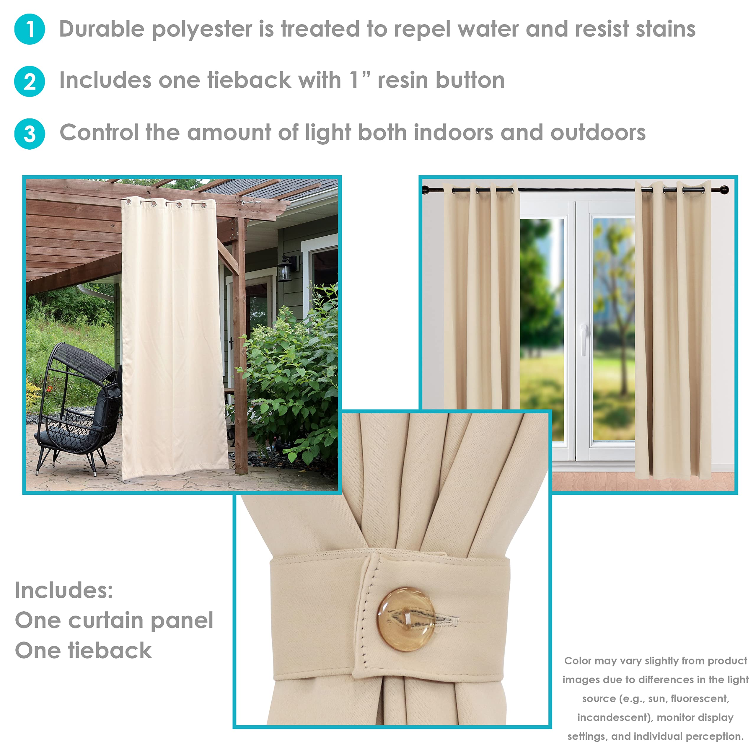 Sunnydaze 52 x 107.5-Inch Indoor/Outdoor Room-Darkening Curtains with Grommet Top - Includes Tieback - Beige