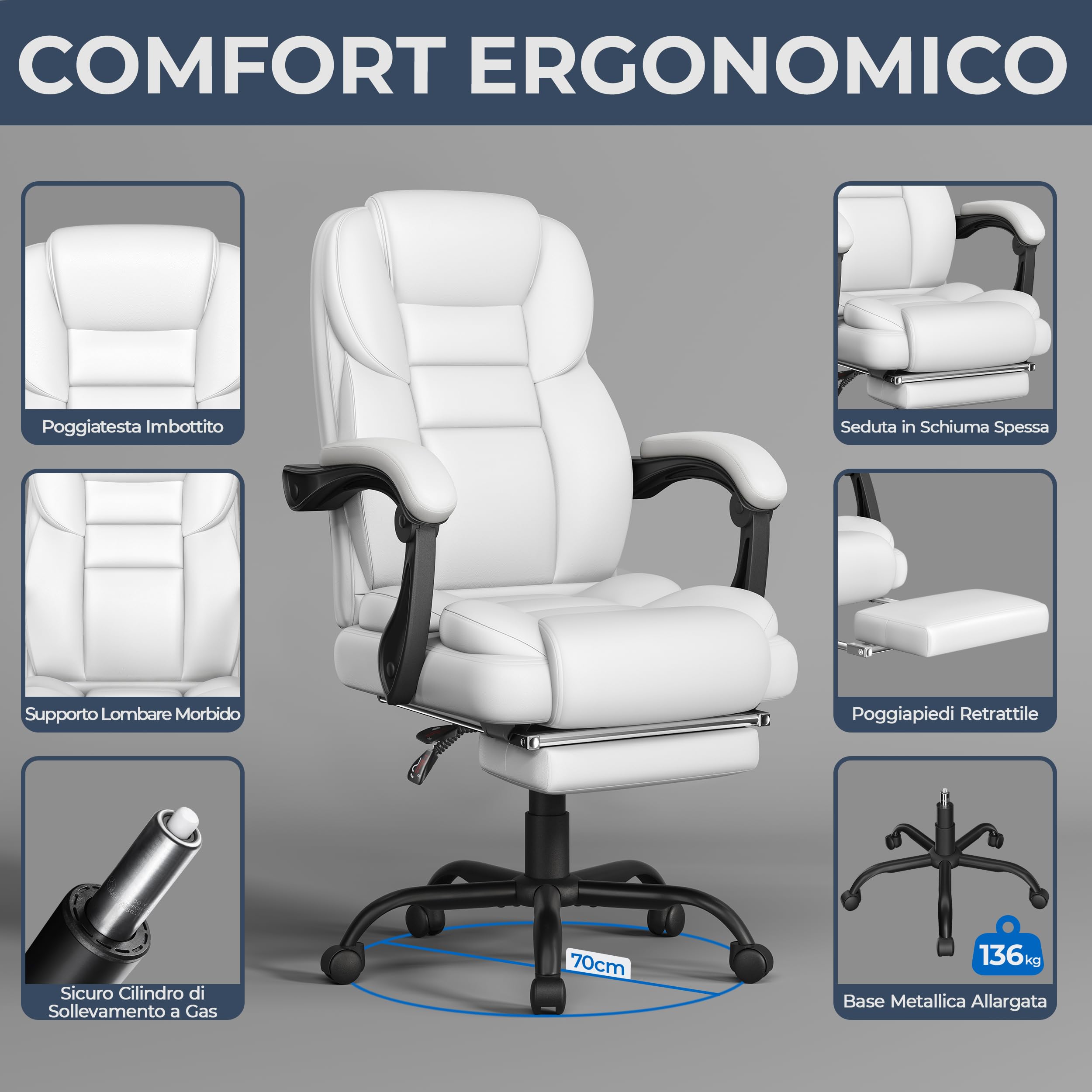 Yaheetech Poltrona Ufficio Ergonomica con Poggiapiedi Sedia da Ufficio in Finta Pelle con Schienale Reclinabile Bloccabile e Braccioli Imbottiti Rotelle Girevole Altezza Regolabile Bianco | Bianco, Poltrona Ufficio Ergonomica Finta Pelle con Poggiapiedi,