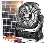 20000mAh Solar Fan with LED Lantern, 10W Solar Panel Rechargeable Battery Powered Camping Fan for Outside, 9 Inch Portable Battery Operated Hurricane Supplies for Picnic, Barbecue, Fishing, Travel