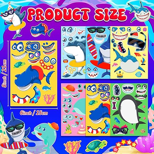 Miniatura 3 de 36 calcomanías de tiburón, diseño de animales del océano, kits de manualidades para niños, calcomanías de cara de tiburón bebé con 6 diseños