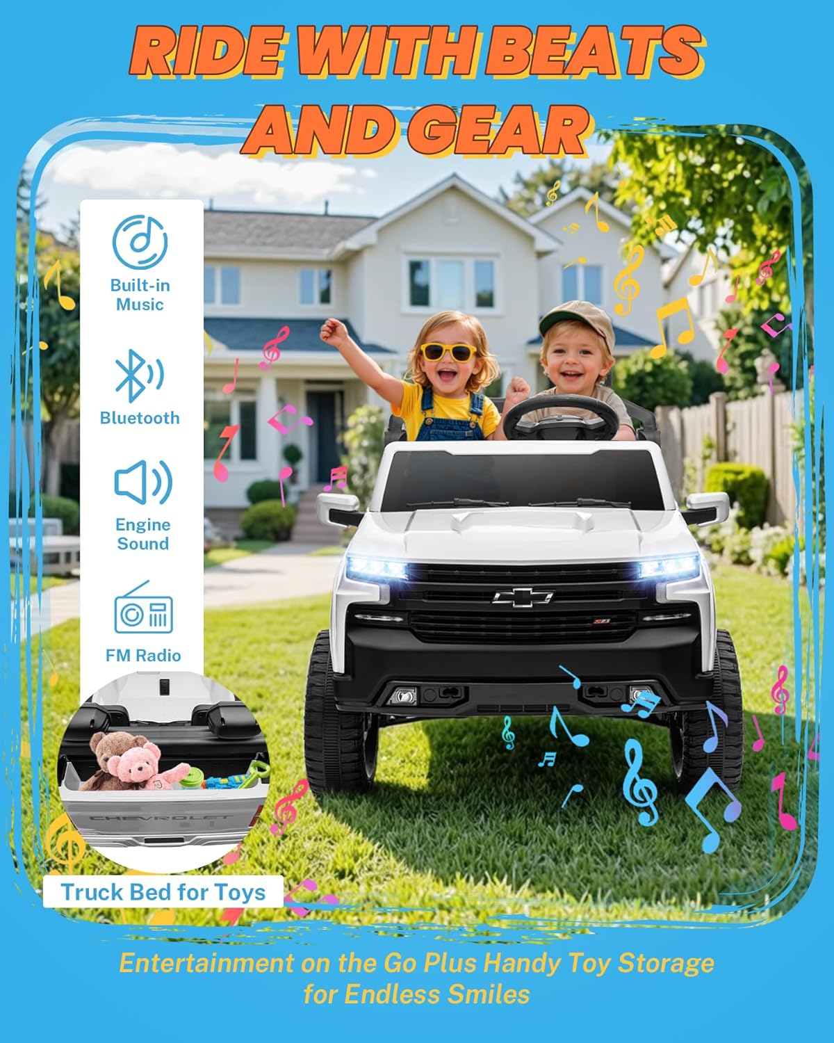 ENYOPRO 24V Ride on Toys for Kids Licensed Chevrolet Silverado LT Trail Boss, 2 Seater Ride on Truck w/Remote Control, Kids Electric Vehicle w/LED Lights, Bluetooth, Horn, Truck Bed Stroage, White