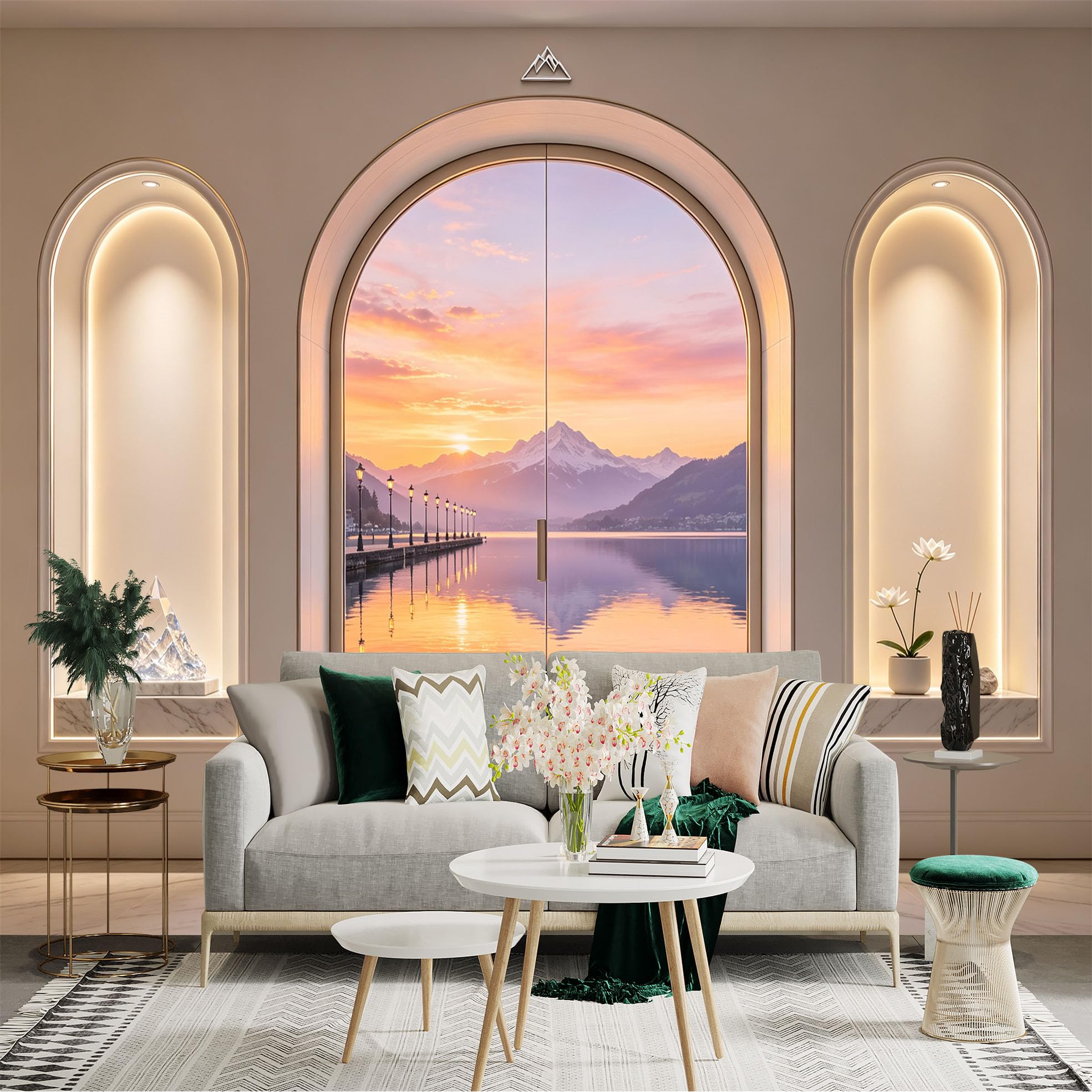 Custom Size Wall Sticker Mural， Sunset Lake View with Mountains and Pier Reflection， for wall Decoration， peelandstick wall Decals.