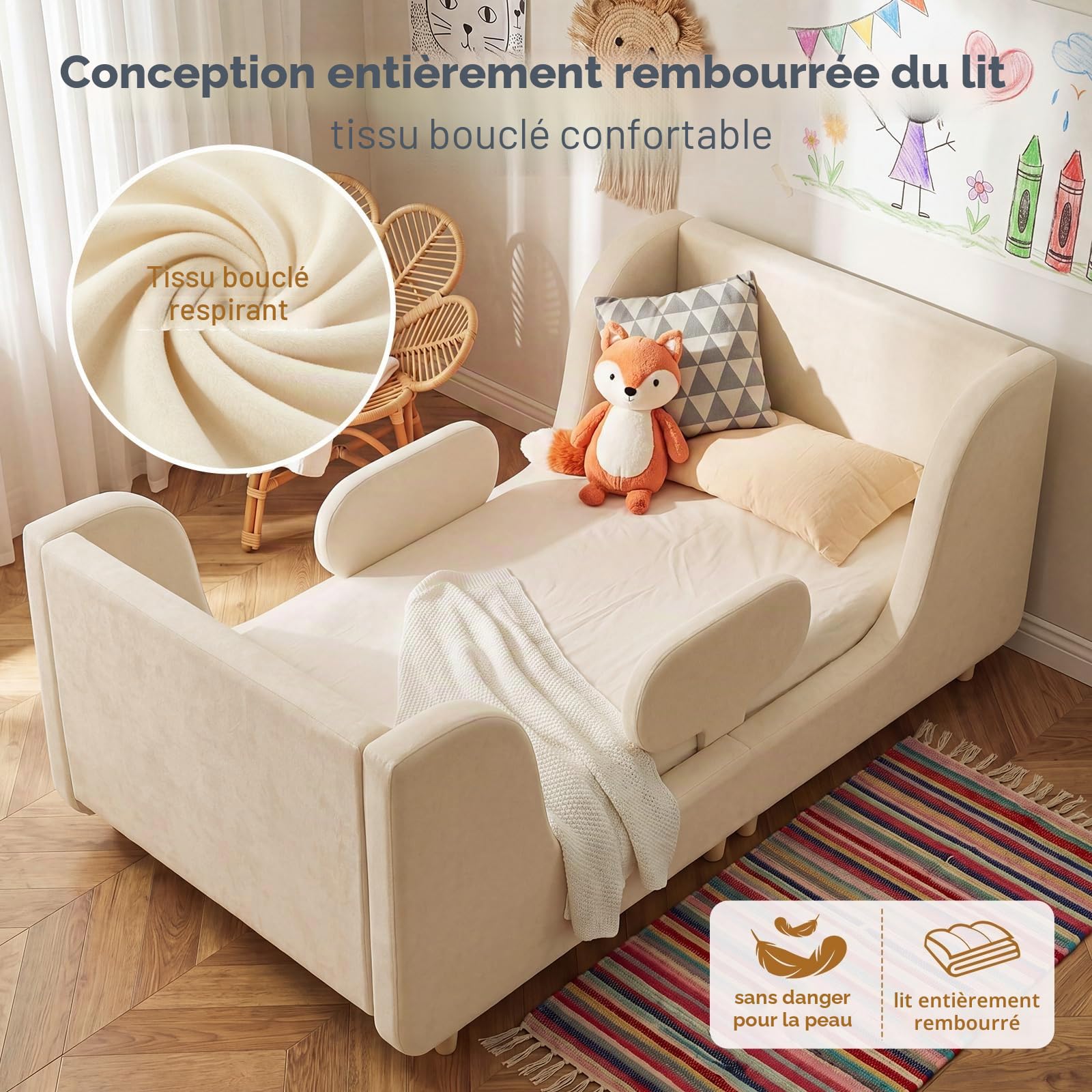 Lit pour petits enfants, Cadre de lit pour enfants rembourré souple, Lits d'enfants avec protection extra-large, Lits d'enfants pour filles et garçons (sans matelas)