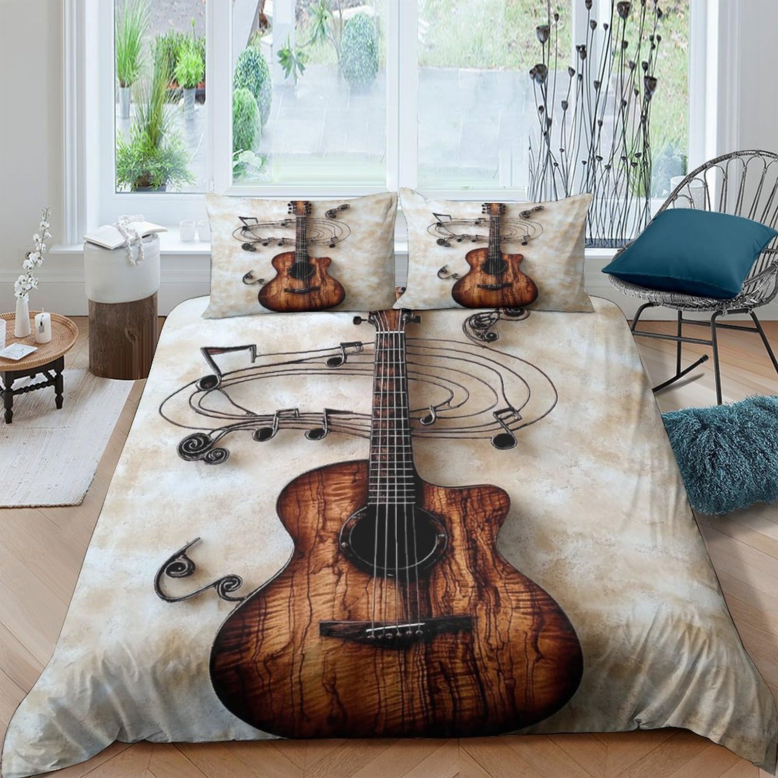 Ctjqhvkz Style-1 3D Printed Acoustic Guitar Fitted Sheet Microfiber Soft Musical Notes Bed Cover For Bedroom Dorm Decor Mattress Protection Single（135X200cm）
