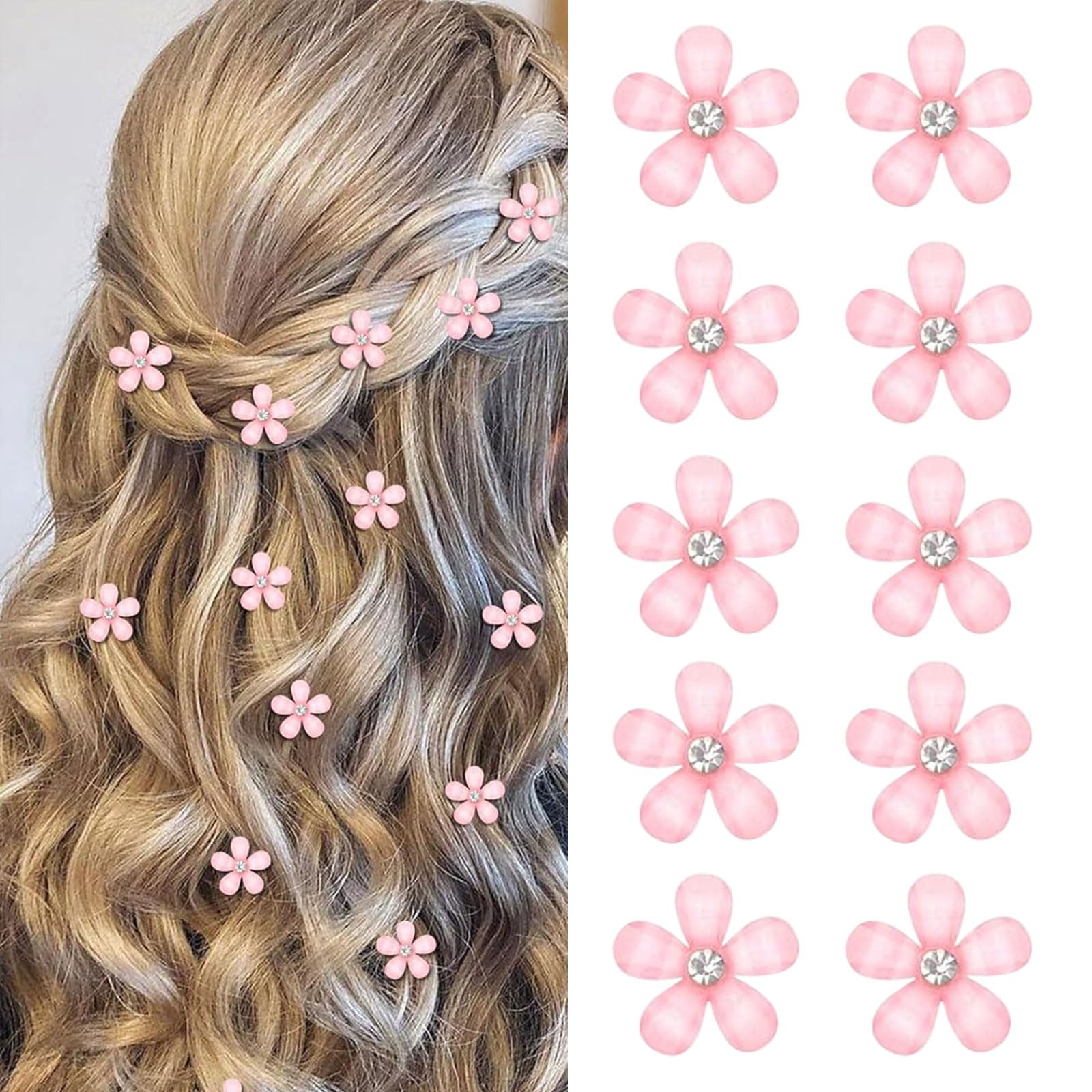 Mezrkuwr 10 Stück Rosa Mini Blumen Haarspangen mit Strass, niedliche Haarspangen, Blumen Haarnadeln, dekorative Haarspangen, Hochzeit-Haarspangen, Blumen-Haar-Accessoires