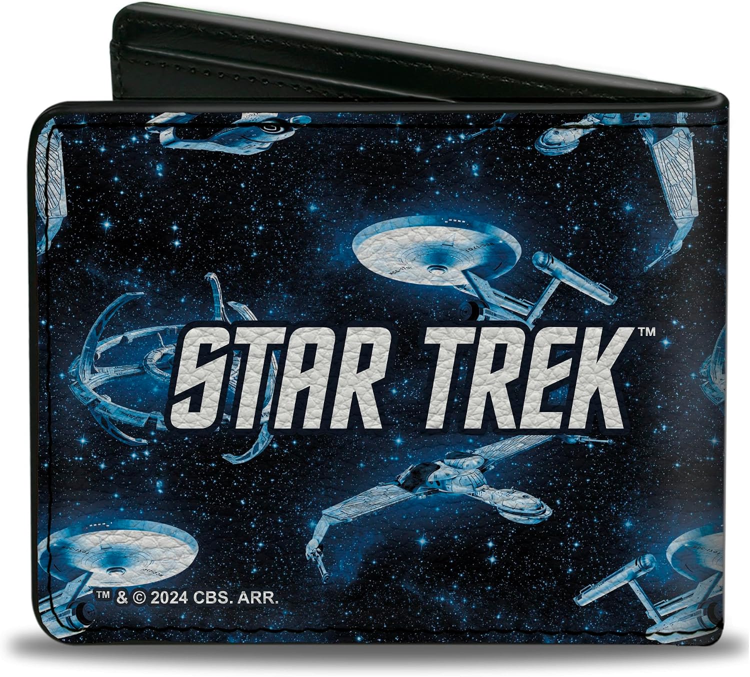 Paramount Network Wallet, Bifold, Star Trek Spaceship Fleet in Space and Title Logo Blues, Vegan Leather