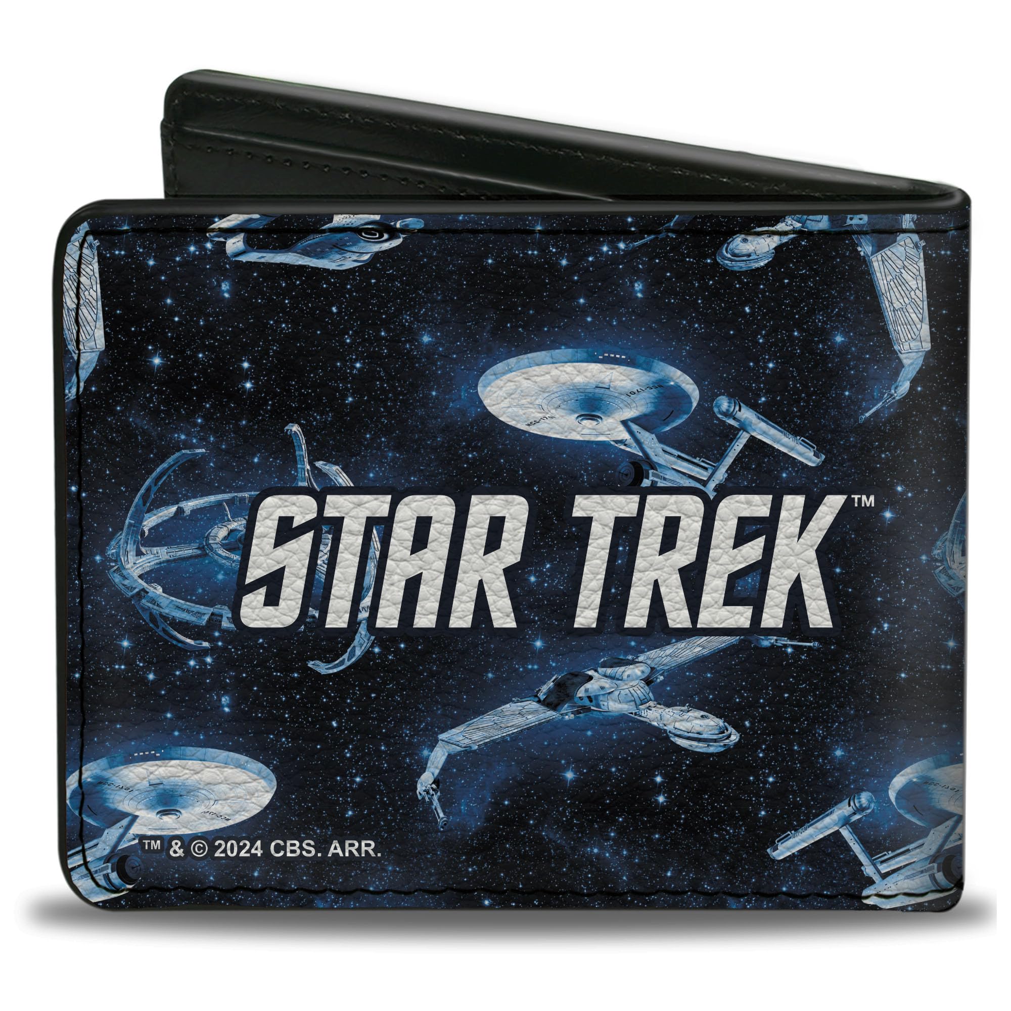 Paramount Network Wallet, Bifold, Star Trek Spaceship Fleet in Space and Title Logo Blues, Vegan Leather