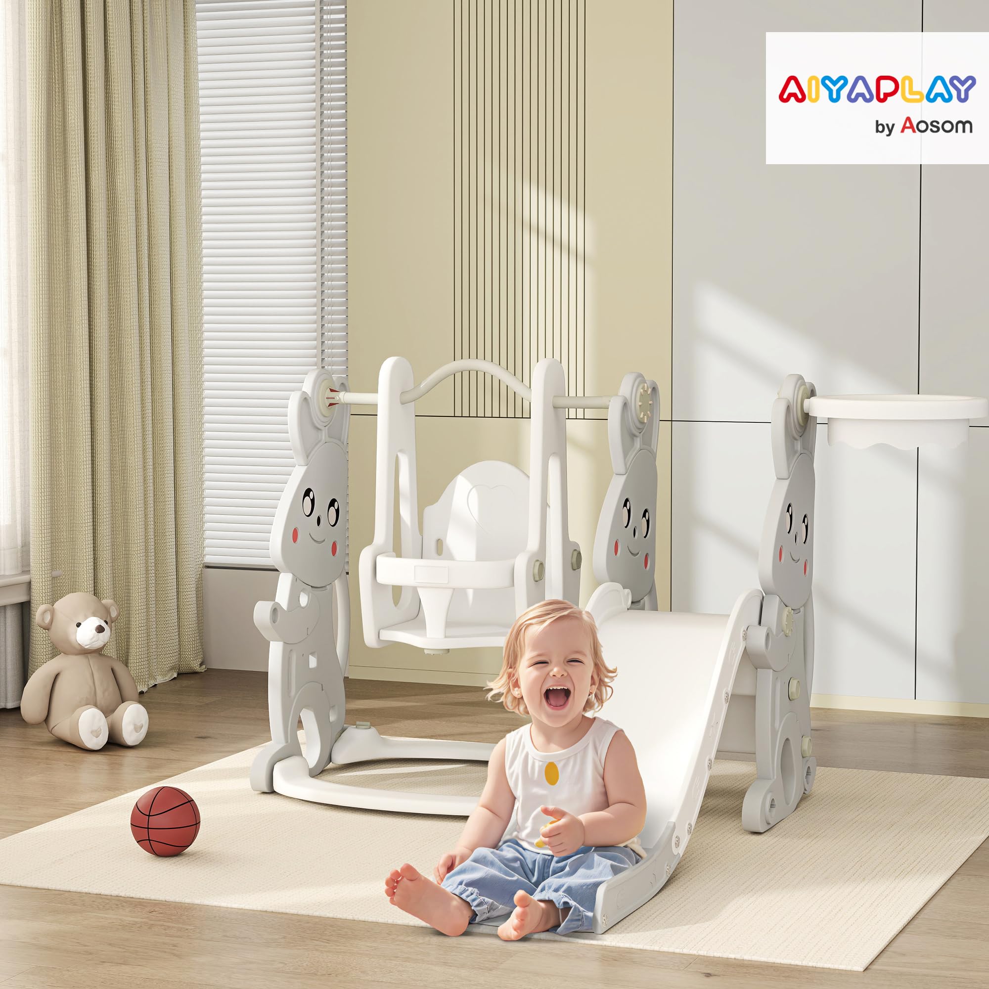 AIYAPLAY Tobogán Infantil 4 en 1 Columpio y Tobogán Trepador Aro de Baloncesto Temática de Conejo Parque Infantil para Interior y Exterior Gris y Blanco