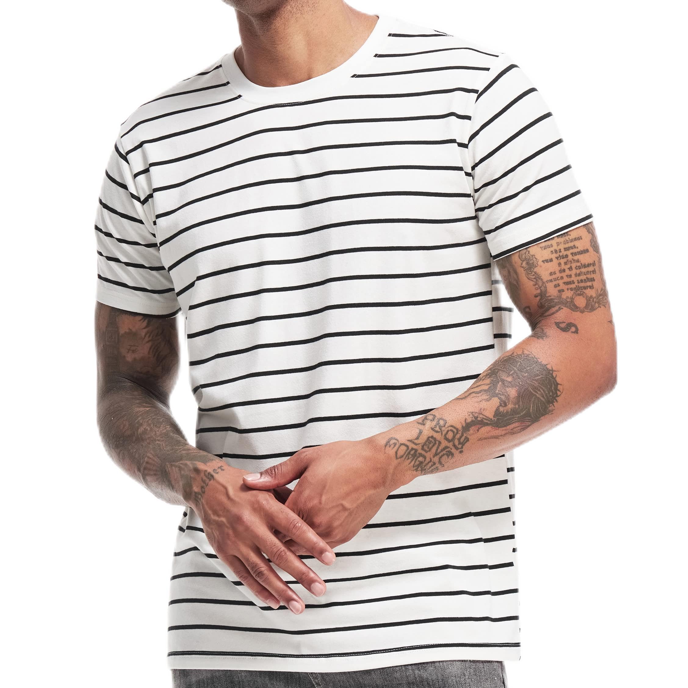 Men's Crewneck Striped T-Shirt Soft Elastic Cotton Tees