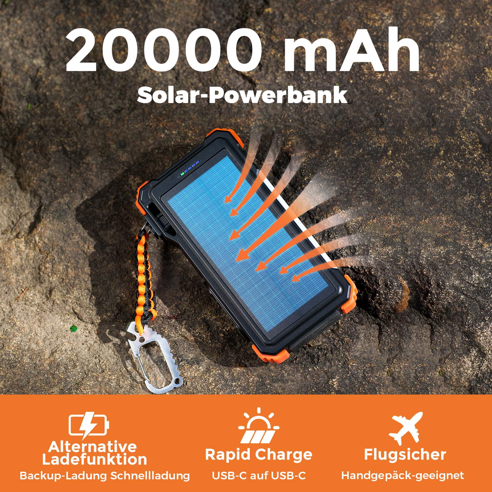 BLAVOR Solar Power Bank 20000mAh mit Kable, 20W Schnellladung Solar Ladegerät USB C Externer Akku Portable Charger mit Taschenlampen und Karabiner für alle Handy, Wireless Ladegerät für Apple Watch