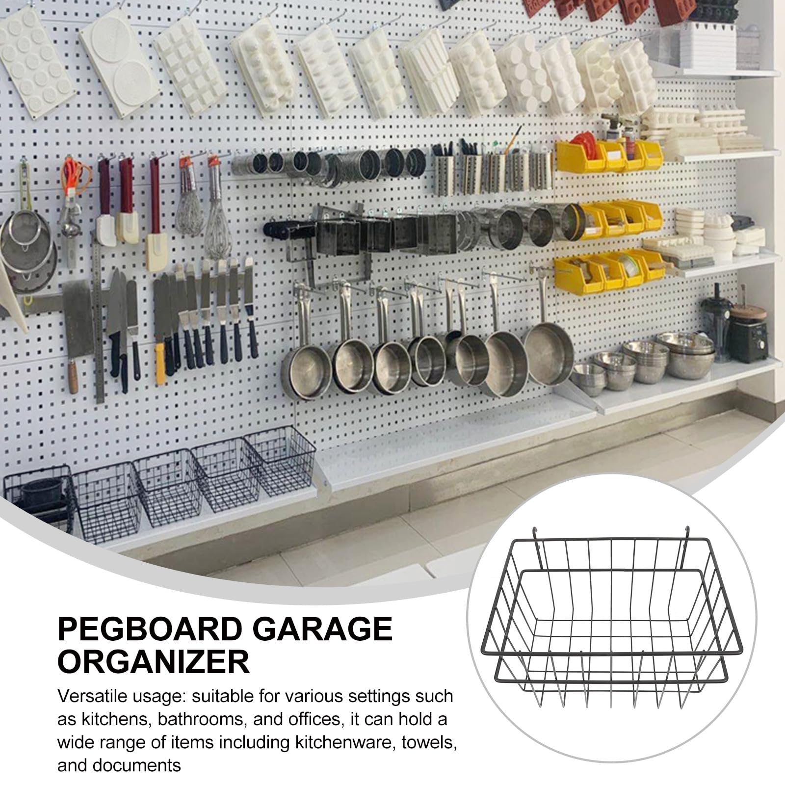 Cestas de Almacenamiento para Panel Perforado sin Taladro Organizador Metálico Negro Grande Cesta de Hierro para Garaje Cocina y Oficina Accesorios para Rack de Pared