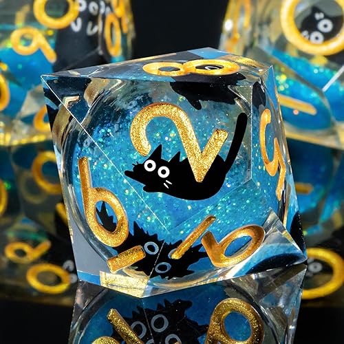 Miniatura 7 de OUKELANWO Cat - Juego de dados DND de núcleo líquido, 7 dados de resina azul y dorado, dados para juegos de rol D20 D12 D10 D8 D6 D4