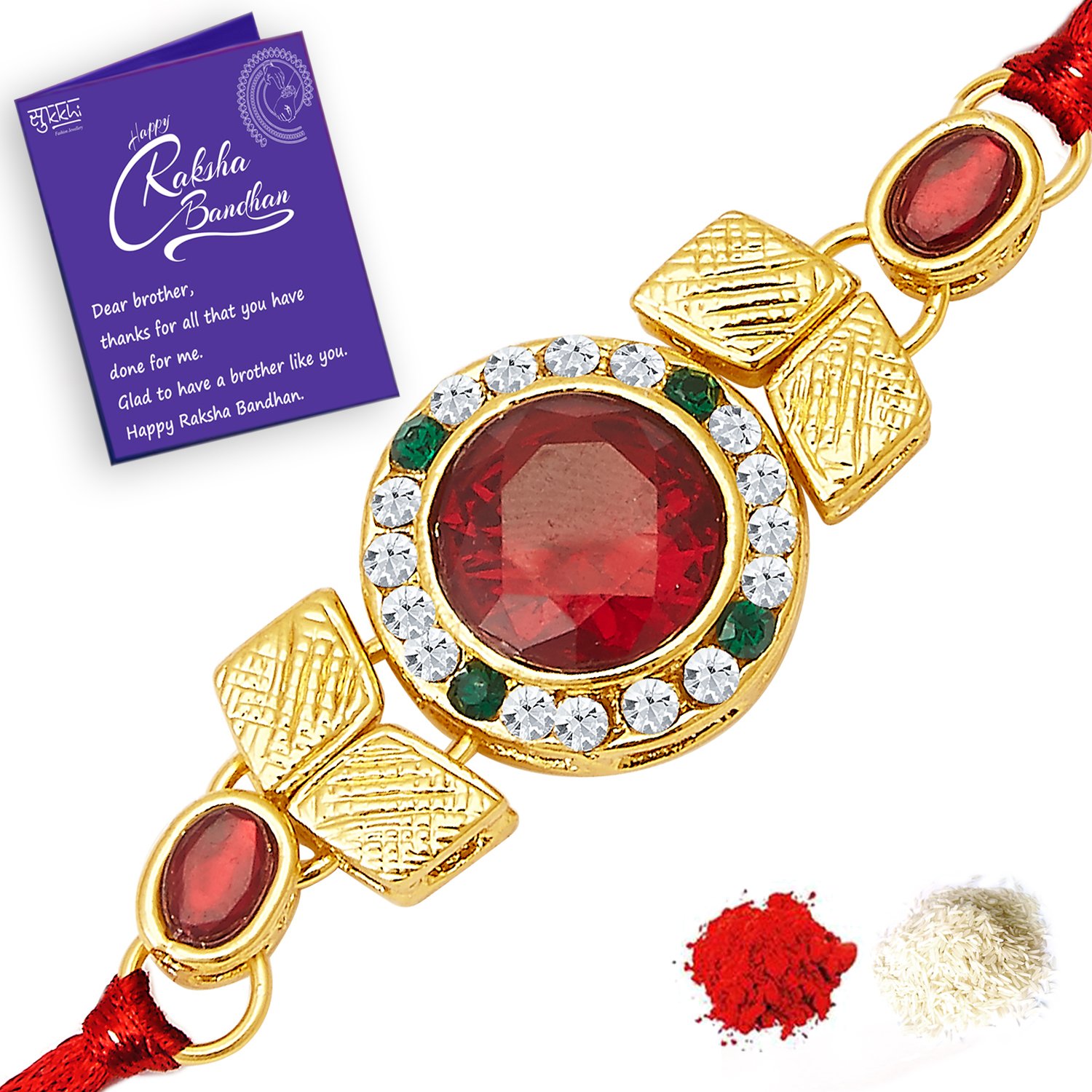 Sukkhi Rakhi Classical Kundan Designer Gold Plated Premium Rakhi for Brother With Roli Chawal & Greeting Card | Rakhi for Bhaiya | Rakhi for MEN | Kundan Rakhi | (RAK73478) (B07FMLFCRT) Amazon Price History, Amazon Price Tracker