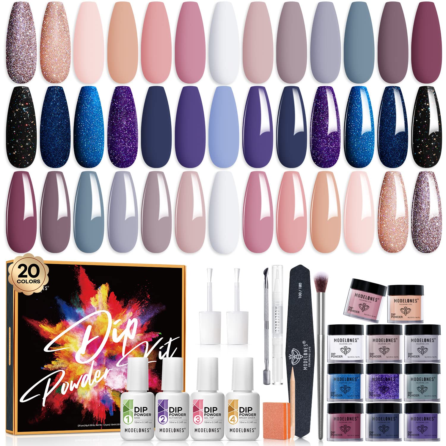 modelones 32 pcs dip powder nail kit starter, 20 colors nude glitter acrylic dipping powder system essential liquid set with base&top coat activator brush saver french nail art manicure diy salon all-in-one extension kit
