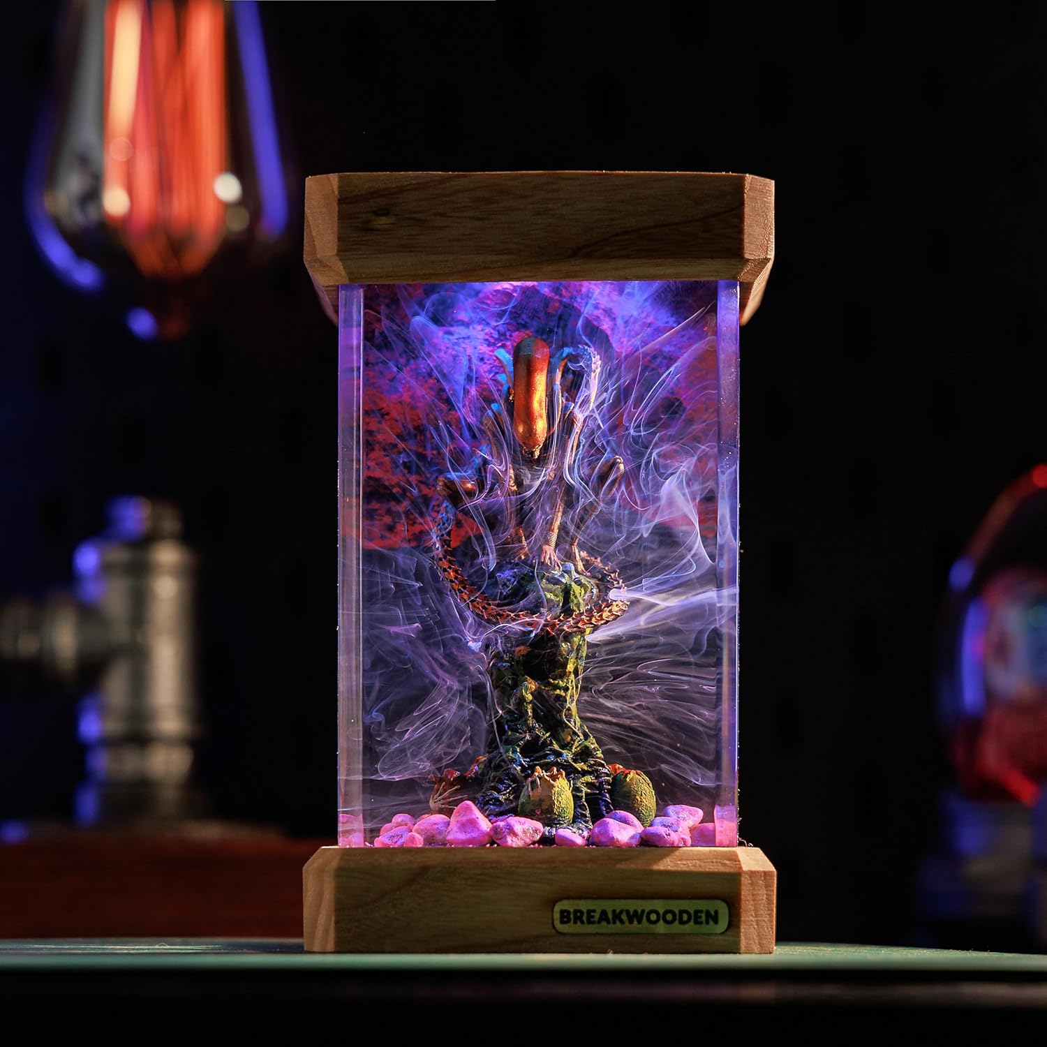 BREAKWOODEN Handcrafted Alien Creature Resin Wood Lamp, LED USB-Powered Horror Night Light, Purple and Red Illuminated Sci-Fi Desk Decor (L (2.8"x2.8"x5.1"))