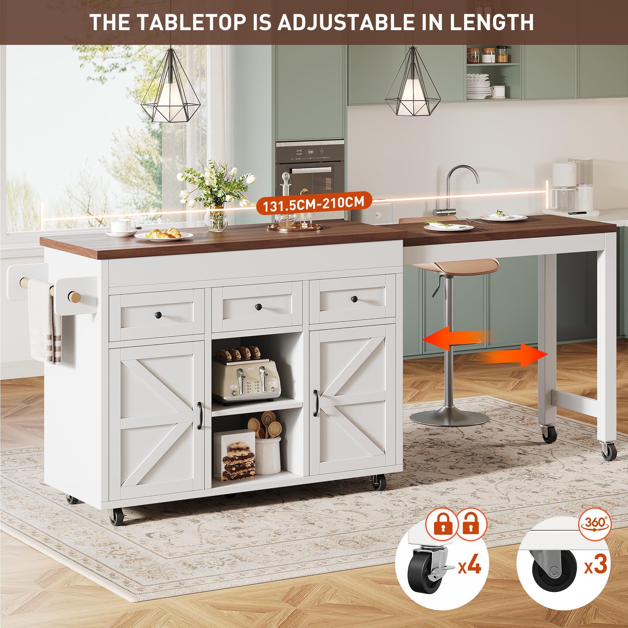 Isola da cucina con vano portaoggetti, tavolo da pranzo estensibile (131,5-210 cm), girevole a 360°, cassetti, armadi, piano di lavoro versatile per cucina, sala da pranzo, piccoli spazi, bianco