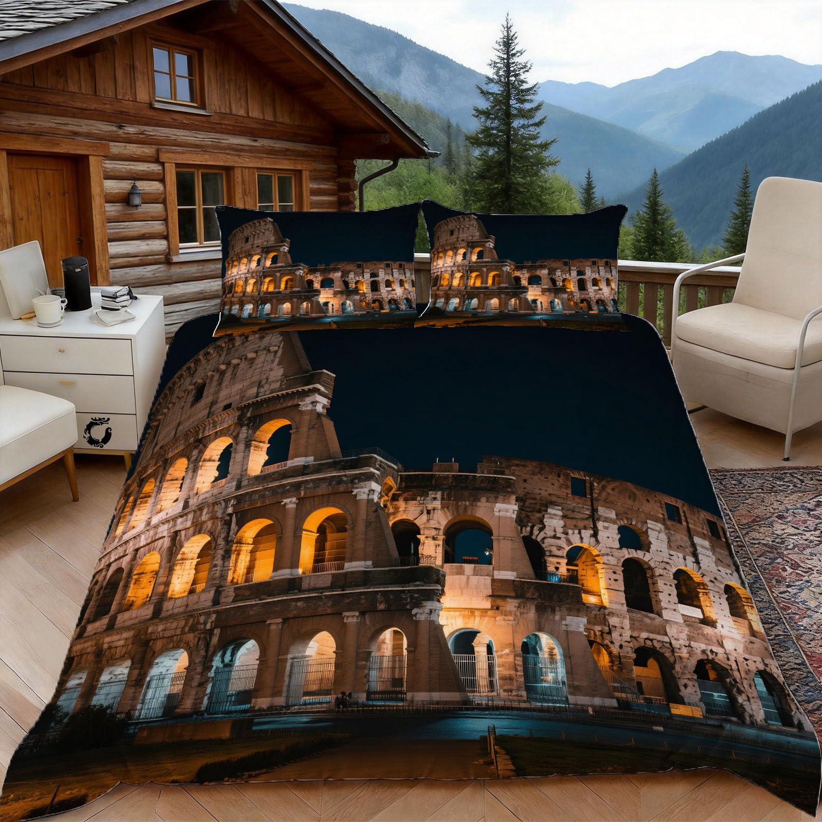 Copripiumino Matrimoniale 260x24 Colosseo Romano, Copripiumino Vista Notturna 3D Microfibra Biancheria da Letto, Duvet Cover con 2 x Federe 50x80 cm