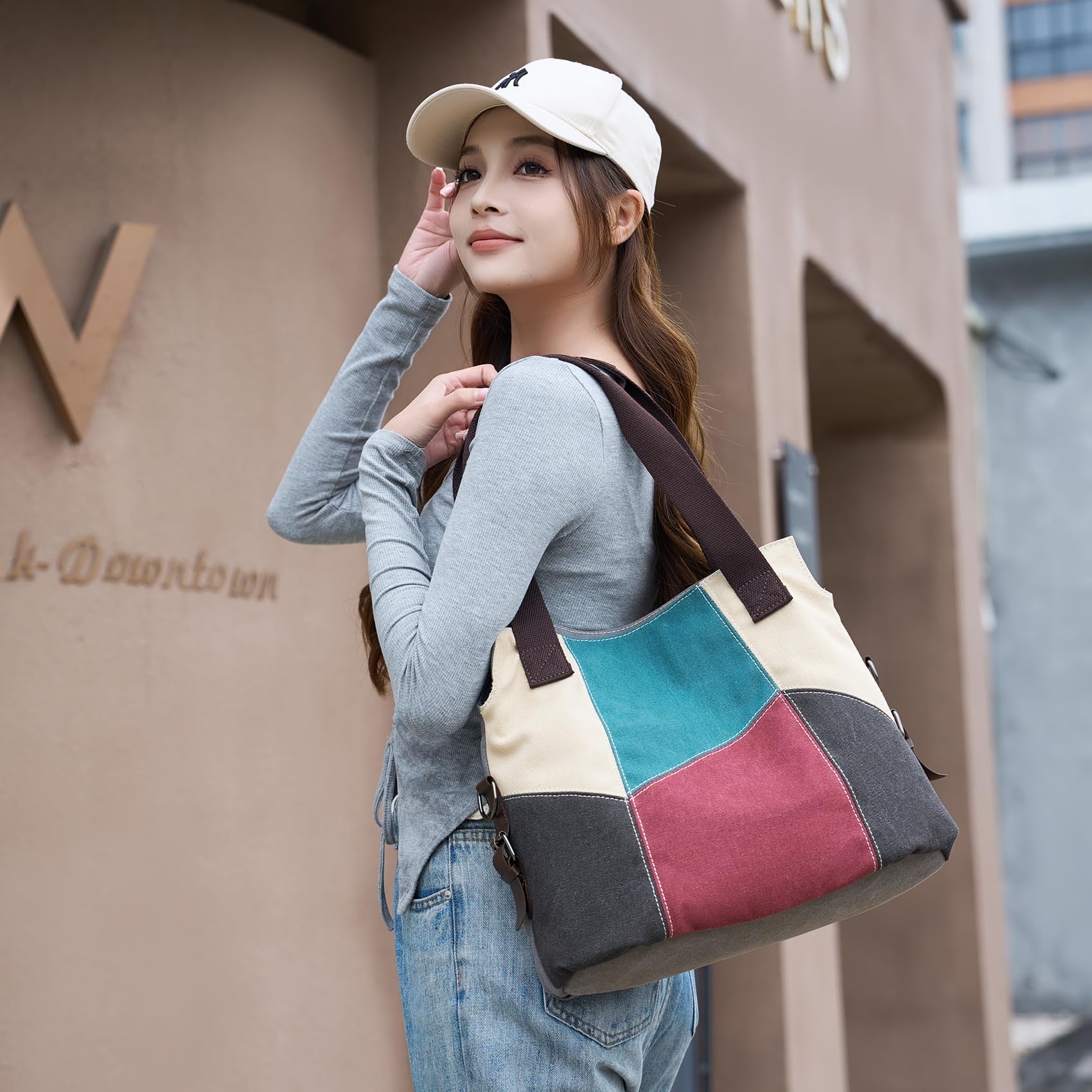 Sac à main en toile pour femme, sac à bandoulière décontracté, sac hobo rétro en toile, sac à provisions, Rouge, Medium