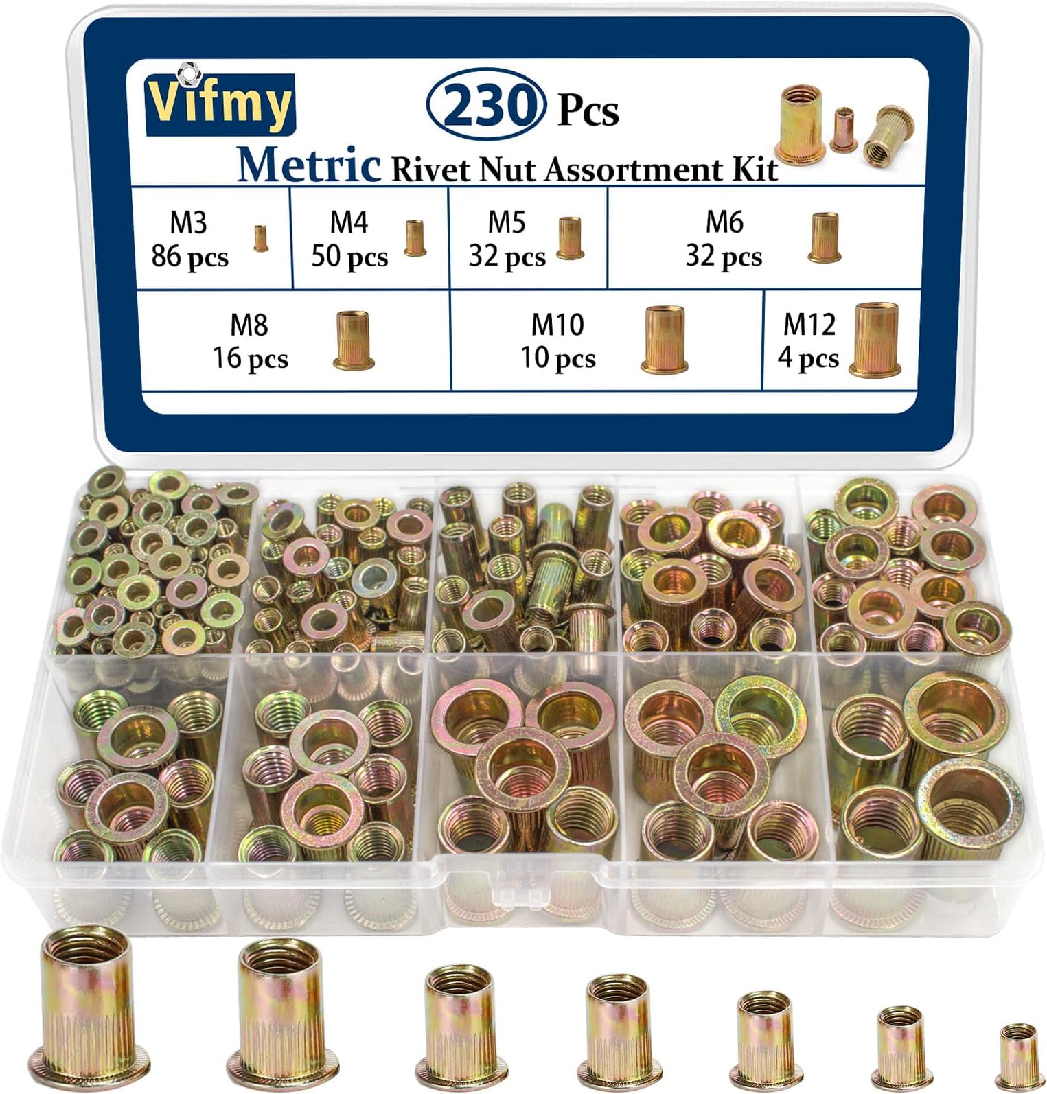 Metric Rivet Nut Assortment Kit(230 Pcs), M3 M4 M5 M6 M8 M10 M12 Flat Head Rivnut Set,Zinc Plated Finish Carbon Steel Nutsert
