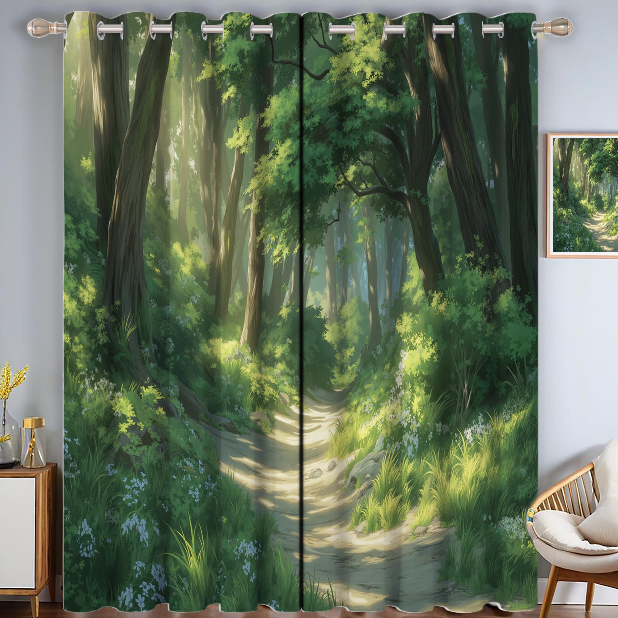 Rideau scène forêt vert sauge pour salon et chambre naturelle