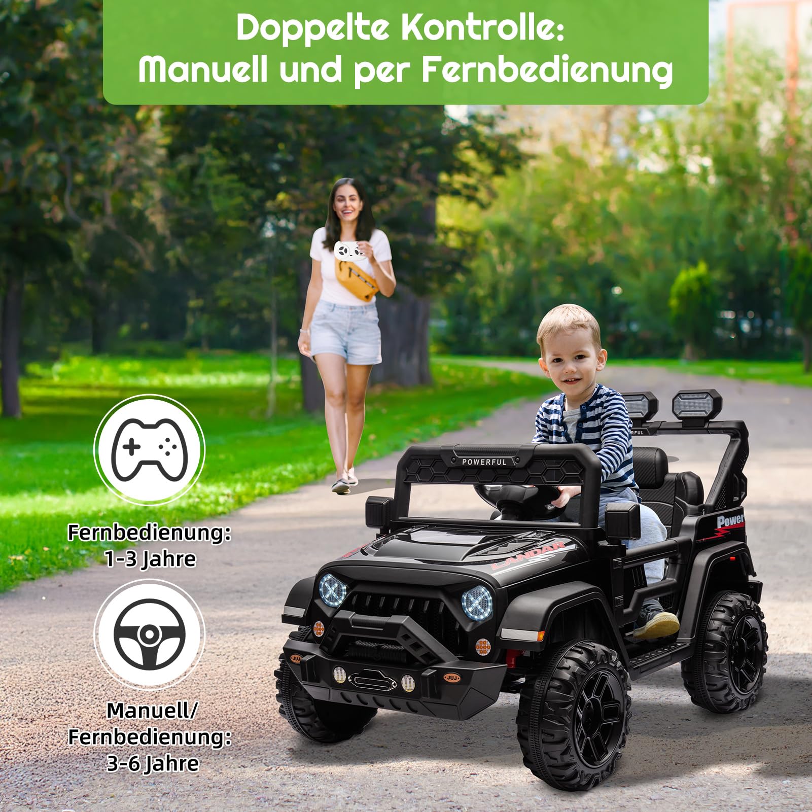 HAUSPROFI Kinder Elektroauto, 12V 7Ah,3-Gang Elektroantrieb, 2 Fahrmodi, Kinderauto Elektrisch mit Fernbedienung,LED-Lichtern, Musik, Sicherheitsgurt, Elektroauto für Kinder ab 1-8 Jahren(Schwarz) - 2