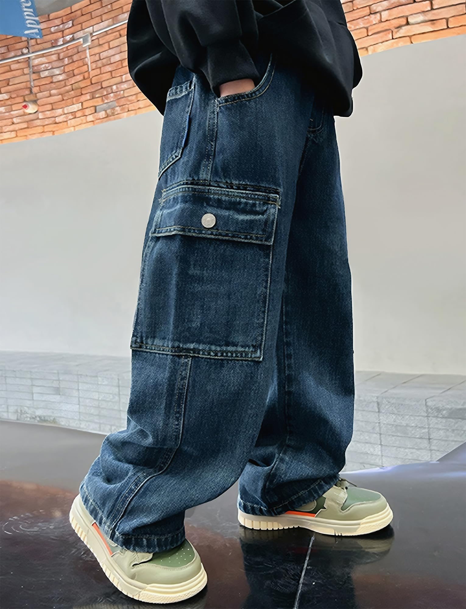 Happy Cherry Y2K Jean baggy pour garçon Taille élastique Pantalon cargo en denim avec plusieurs poches Pantalon vintage ample Streetwear pour enfants de 6 à 13 ans