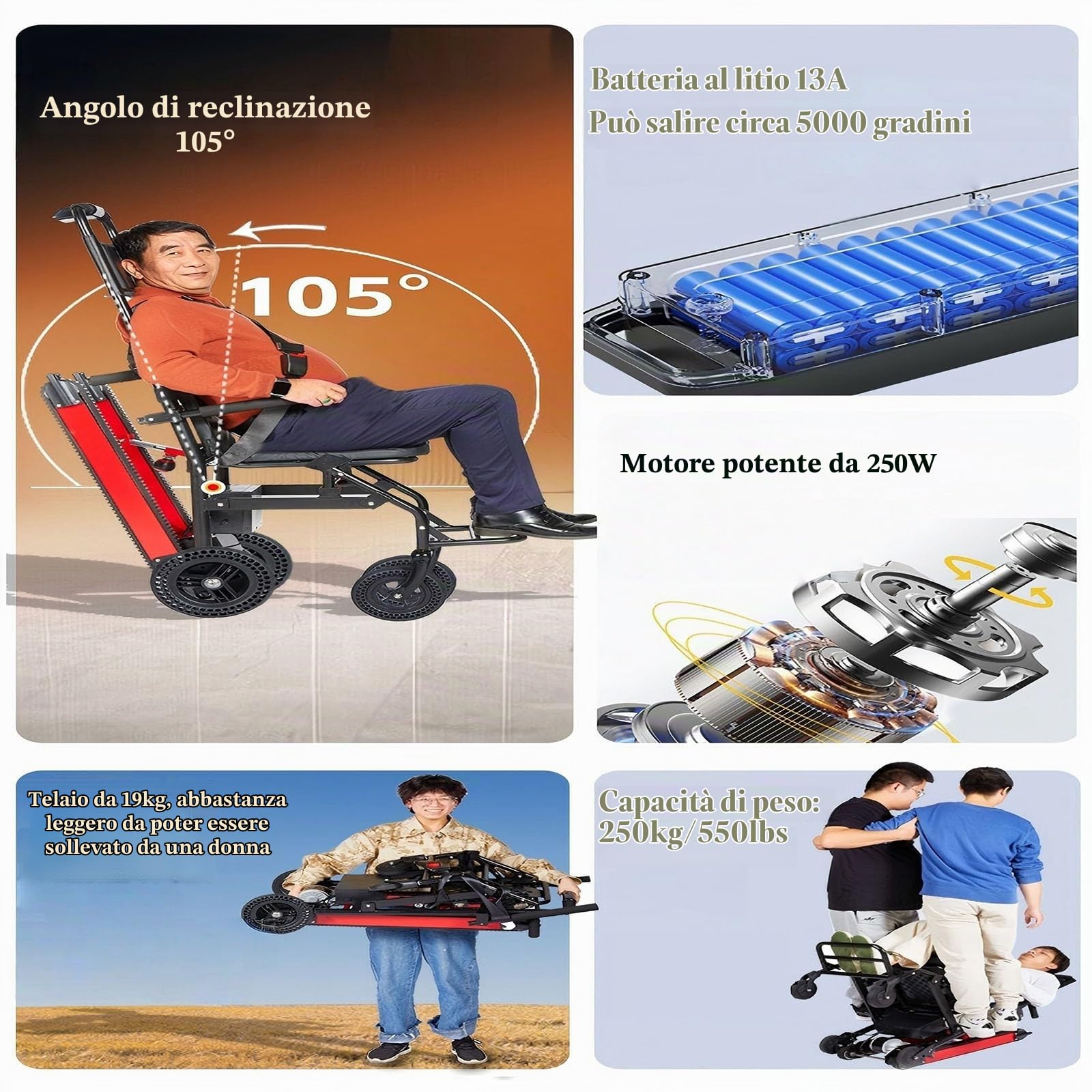 Carrello Saliscale Elettrico Cingolato,Carrello Saliscale Elettrico Per Sedia A Rotelle,Telaio Che Può Salire E Scendere Le Scale,Capacità Di Peso 250 Kg/551 Libbre Black 13ah