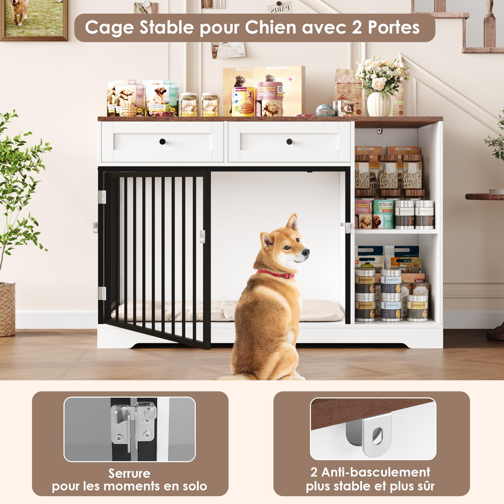 FirFurd 120 cm Cage pour Chien, Cage Chien Interieur avec 2 Porte 2 Tiroirs 2 Étagères, Niche pour Chiens Meuble Cage Chiens en Bois 120x60x87cm Blanc+Marron