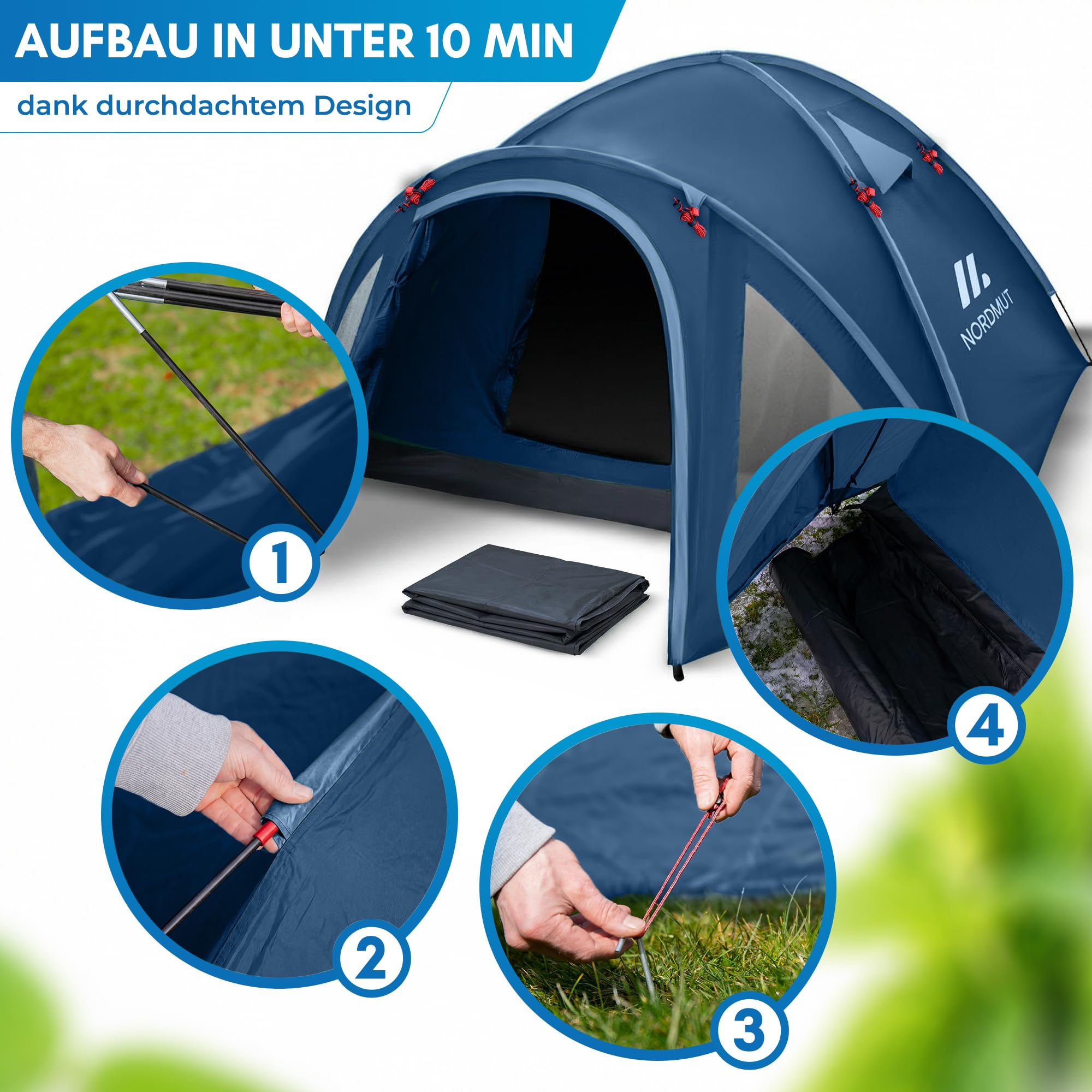 NORDMUT® Campingzelt für 2-4 Personen wasserdicht & leicht – Kuppelzelt mit verschließbarem Vorraum – 2-4 Mann Zelt mit hervorragender Luftzirkulation & kleinem Packmaß