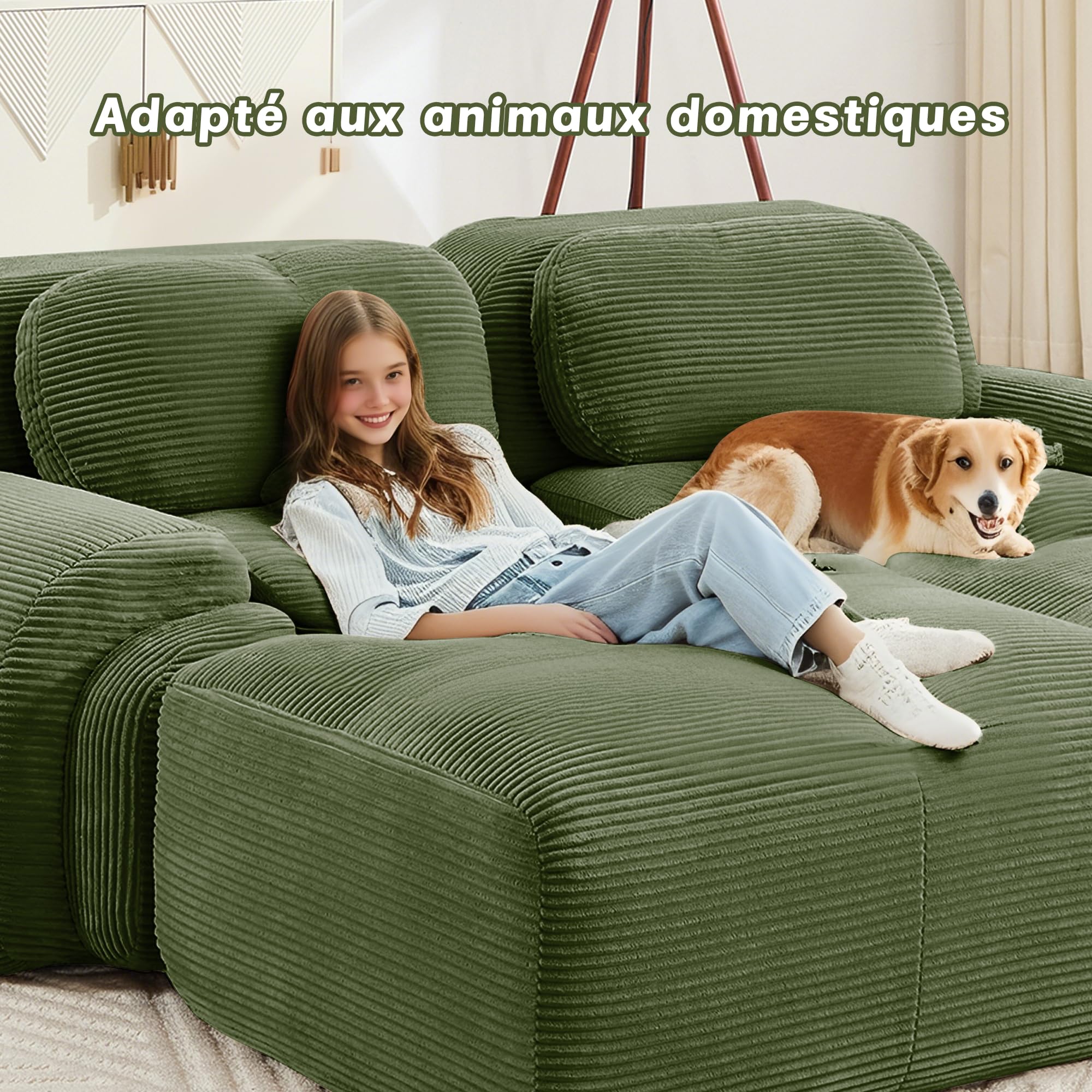 Canapé d'angle convertible moderne de 208 cm avec pouf, canapé modulaire en velours côtelé en forme de L, canapé compressé 2 à 4 places pour salon, assise extra profonde, aucun assemblage requis