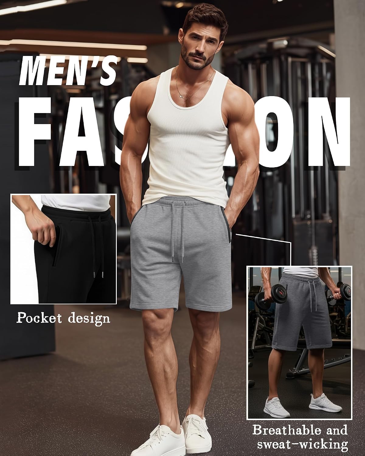 Ficerd 3 Pack Men's Athletic Shorts with Zipper Pockets 9‘’ Casual Running Gym Workout Sweat Drawstring Summer Shorts
